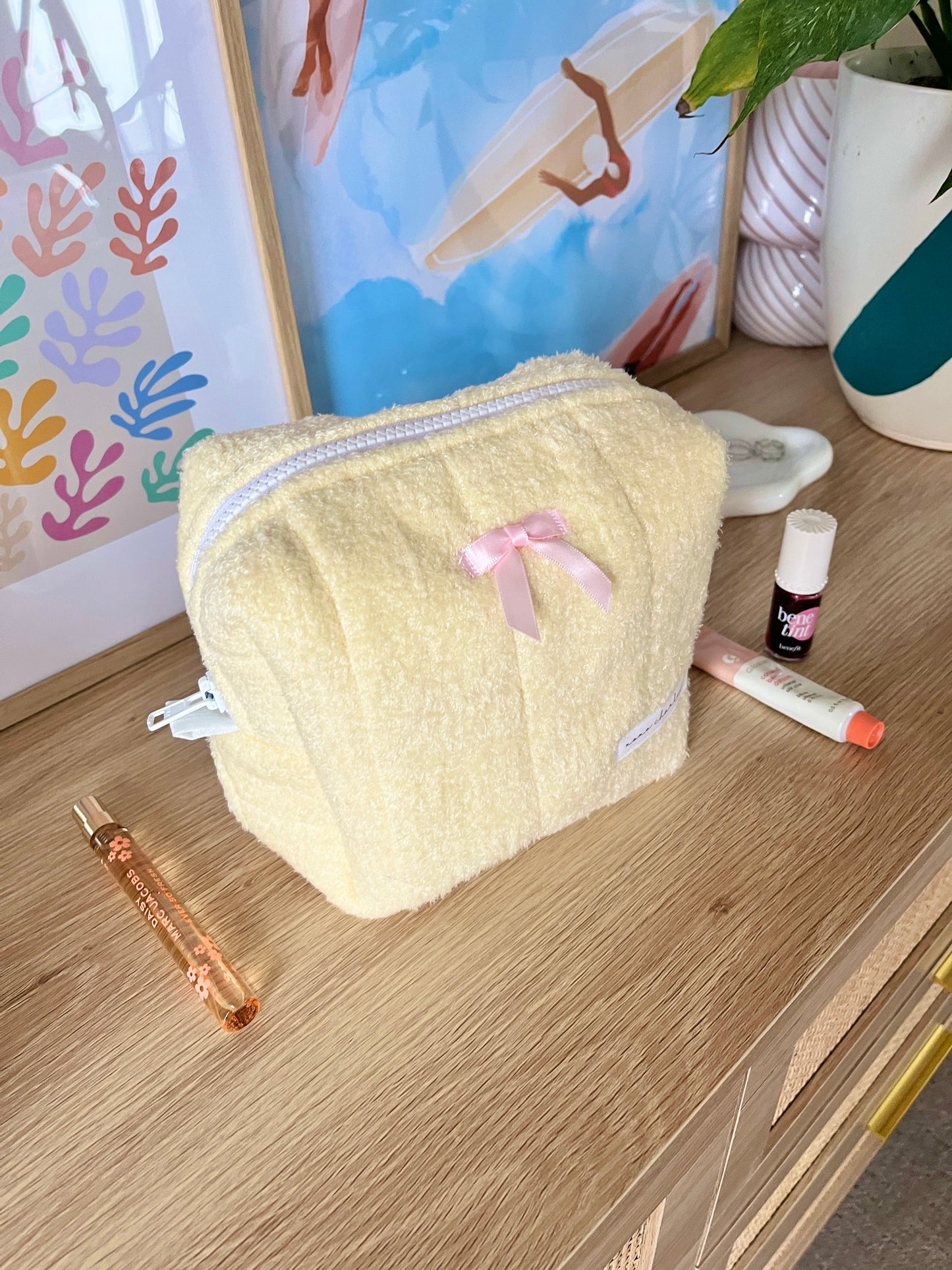 The Soft Yellow with Pink Bow Makeup Bag