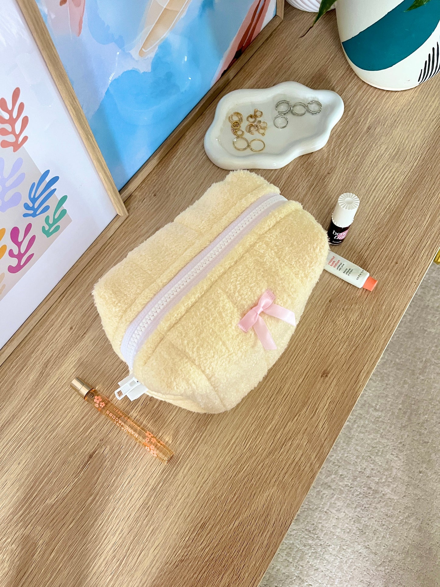 The Soft Yellow with Pink Bow Makeup Bag