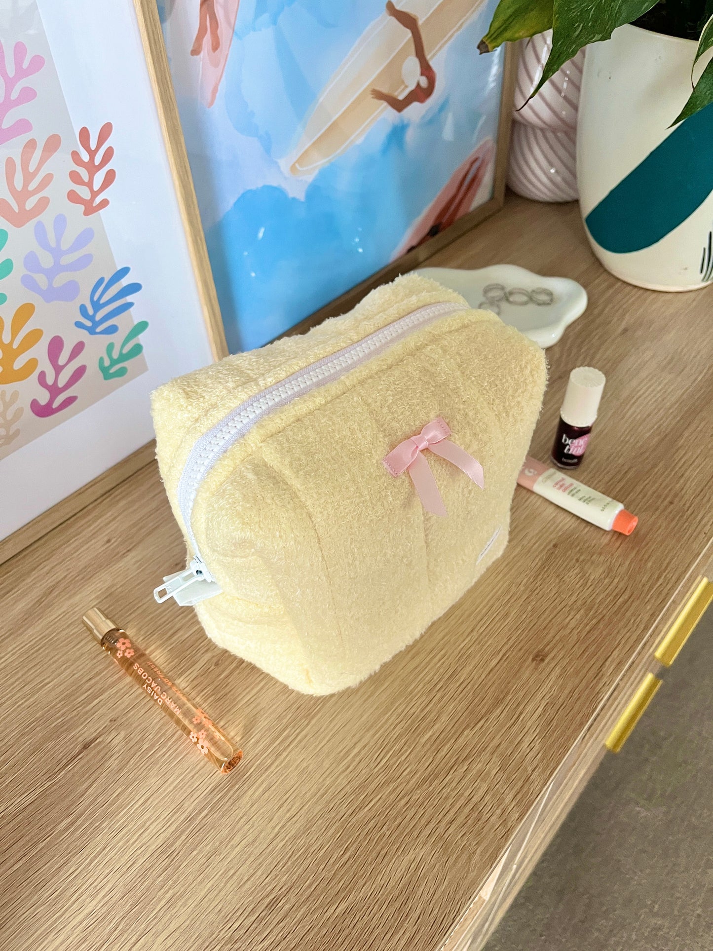 The Soft Yellow with Pink Bow Makeup Bag