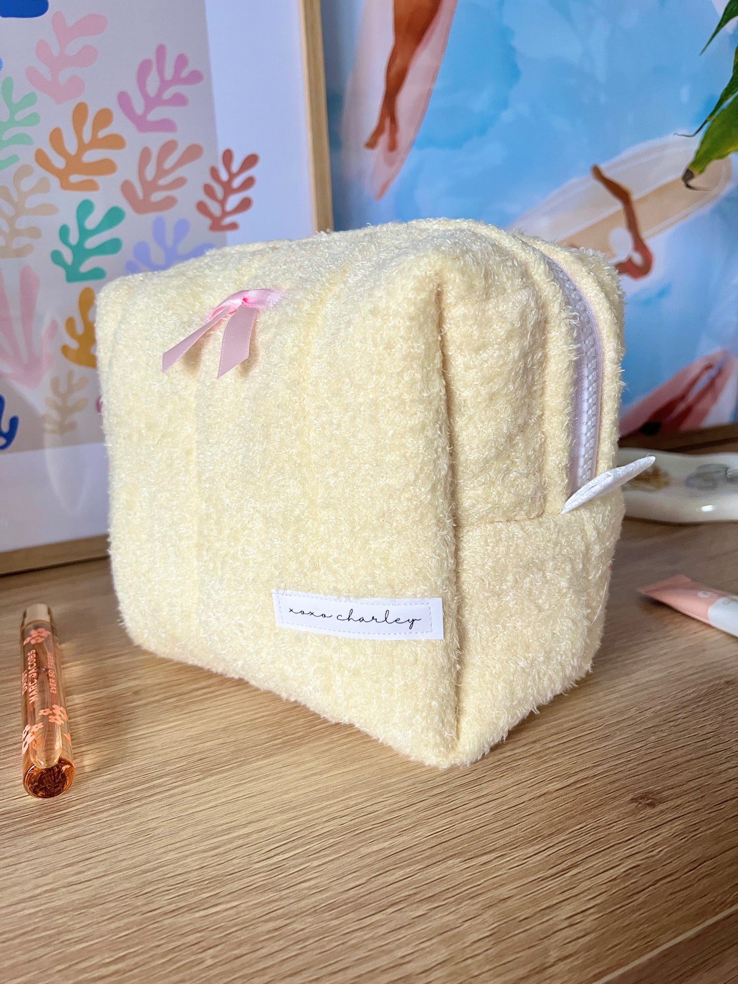 The Soft Yellow with Pink Bow Makeup Bag