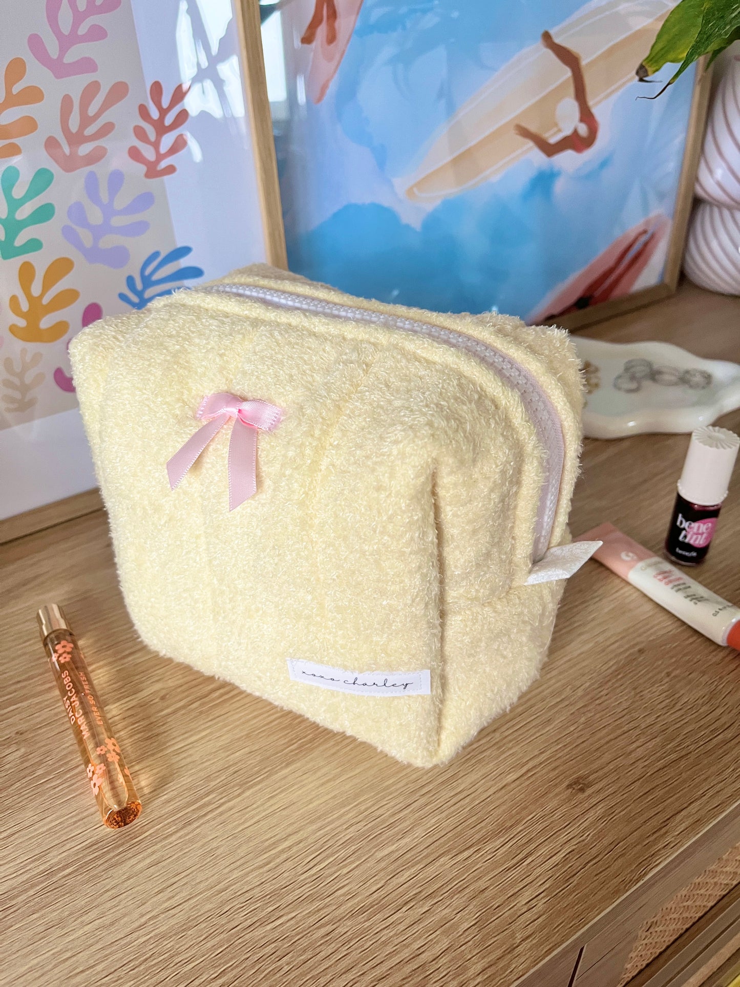 The Soft Yellow with Pink Bow Makeup Bag