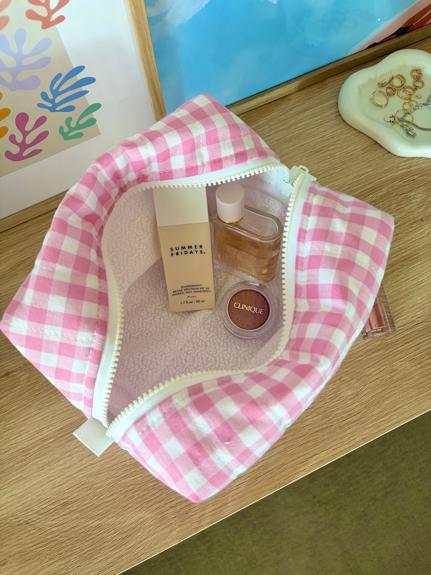 Pink Gingham Large Makeup Bag