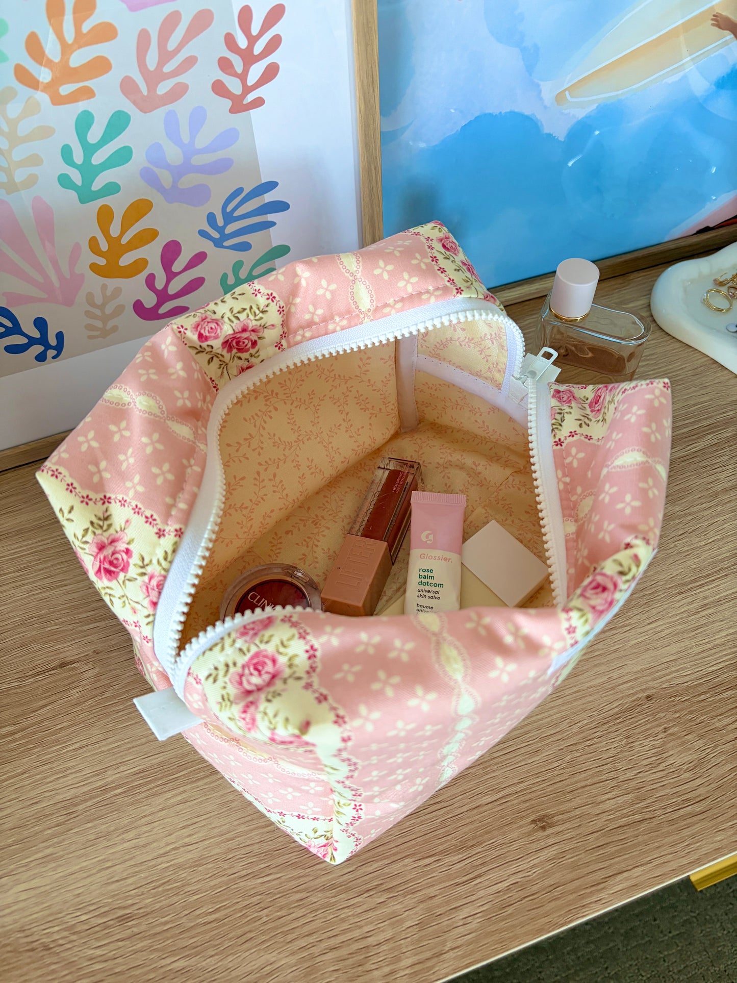 Pink & Yellow Floral Large Makeup Bag