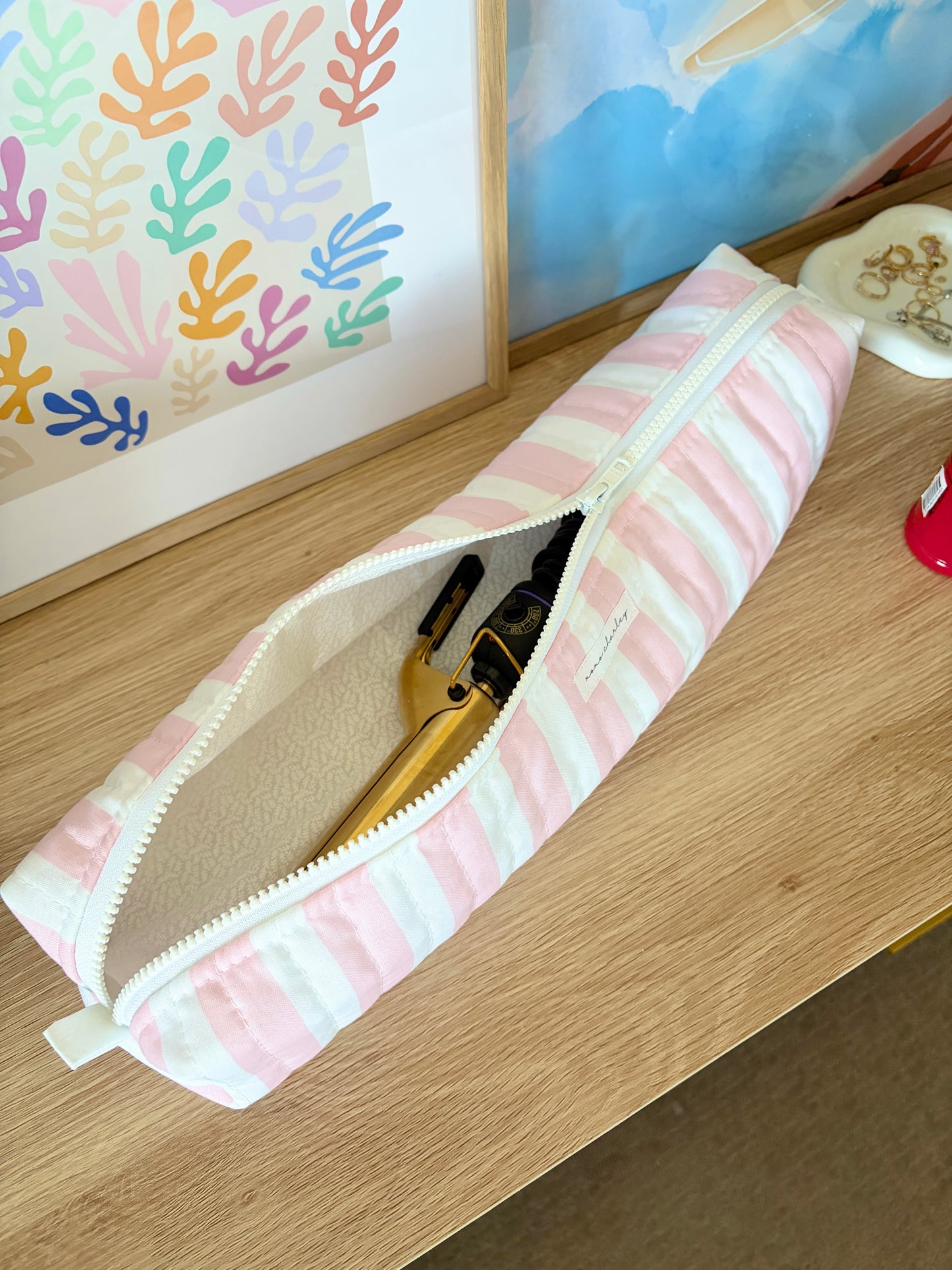 Pink & White Stripe Medium Hair Tools Bag