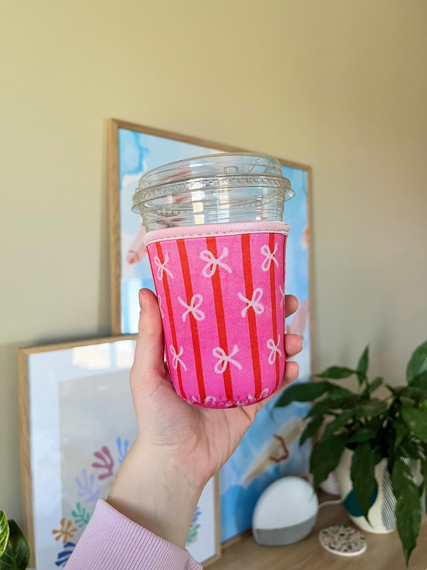 Small Pink Stripe Bow Cup Coozie