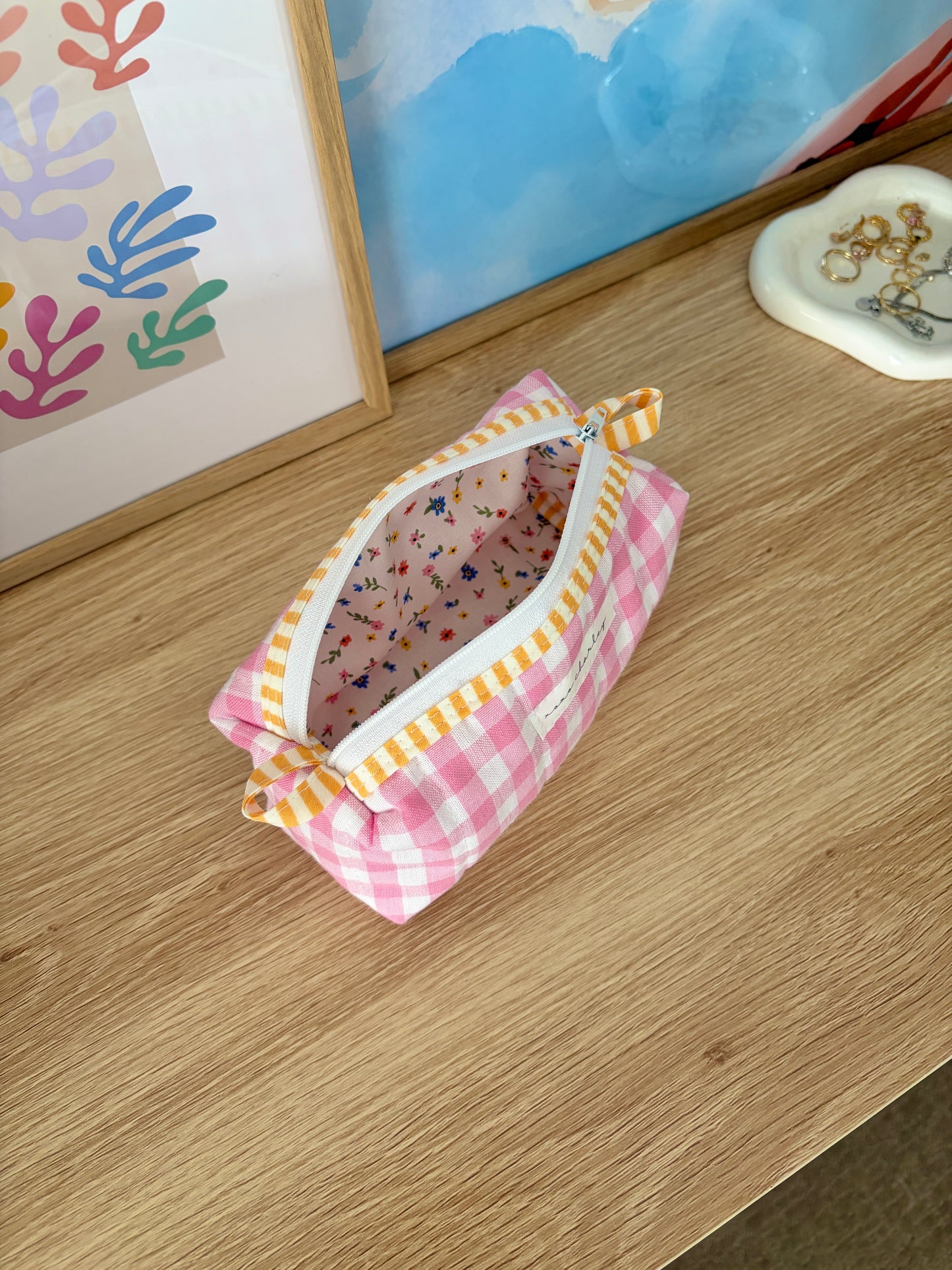 Pink Gingham Colorblock Bag - Yellow/Flowers