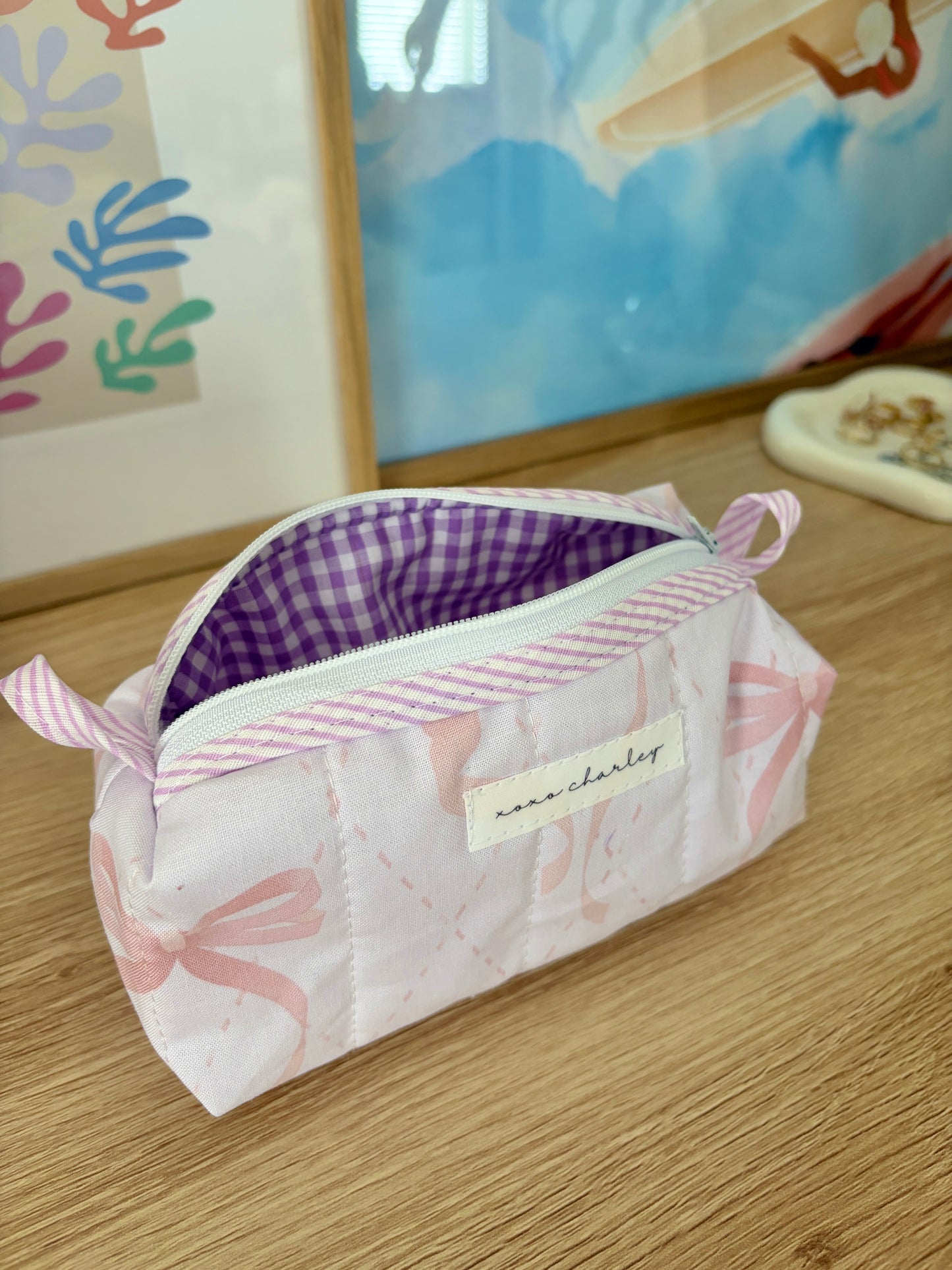 Large Pink Bow Colorblock Bag - Pink/Purple Gingham