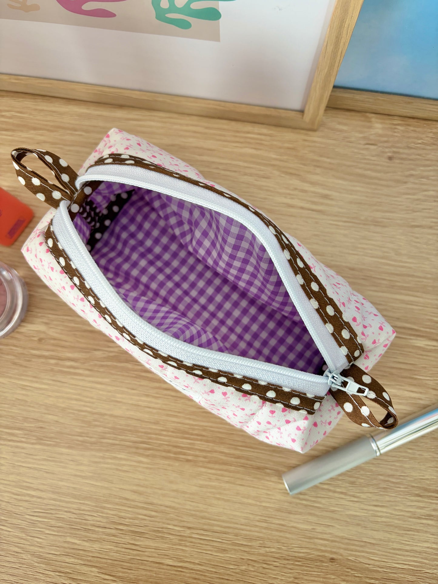 Tiny Pink Hearts Colorblock Bag - Brown/Purple Gingham