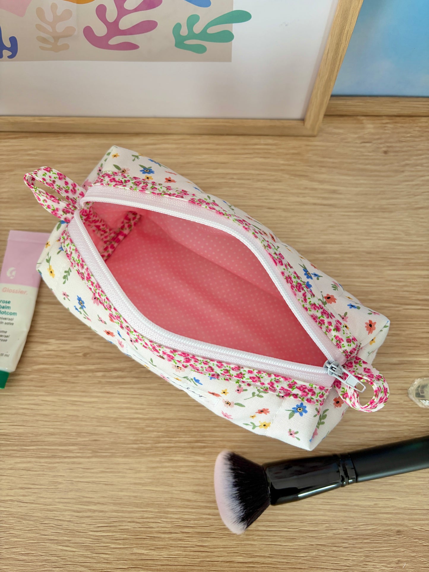 Mini Colorful Flowers Colorblock Bag - Pink Floral/White Dots