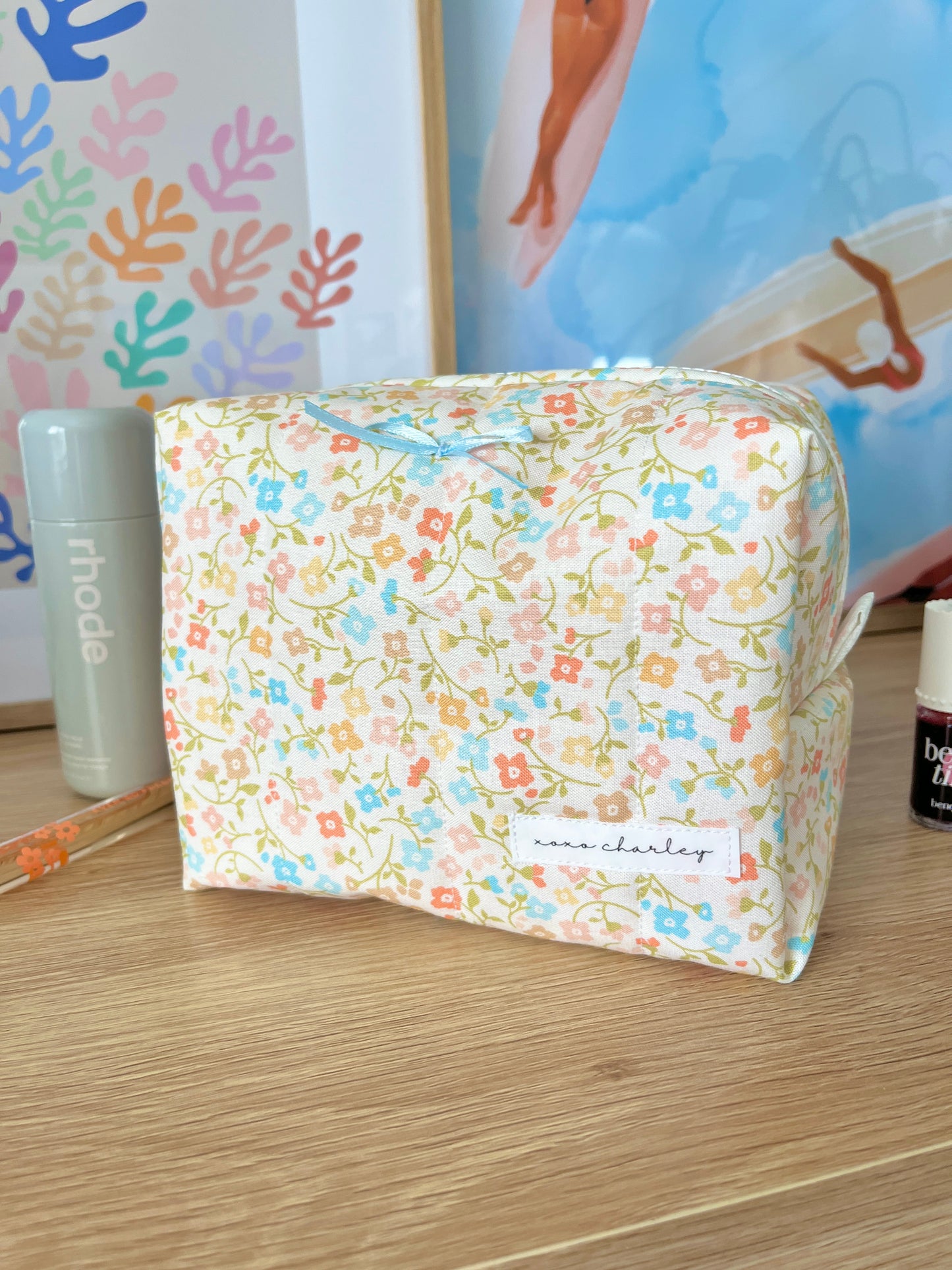 The Hailey Makeup Bag with blue bow
