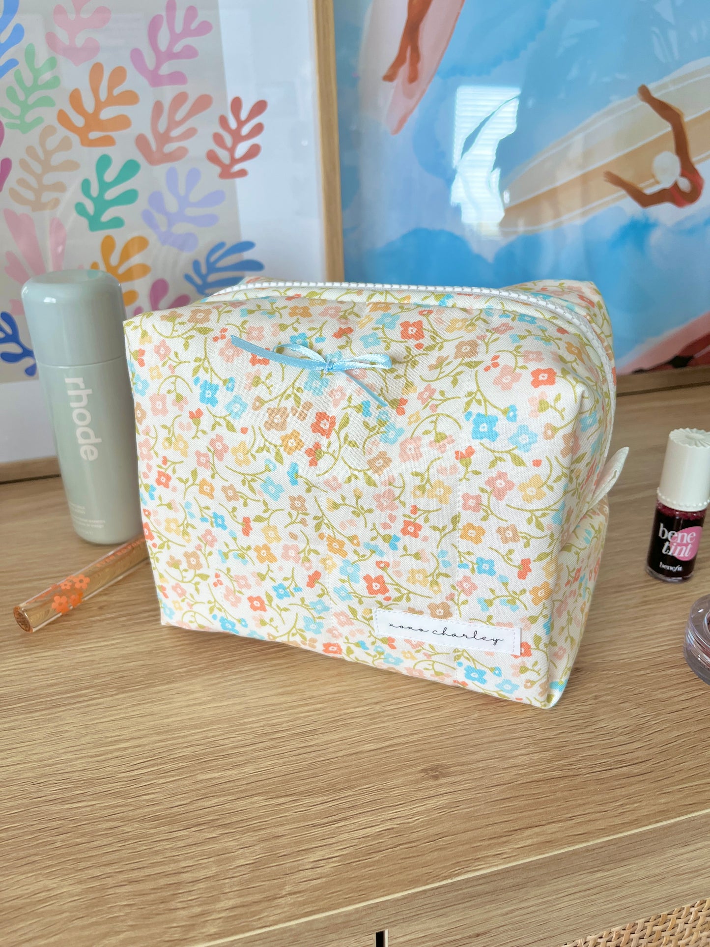 The Hailey Makeup Bag with blue bow