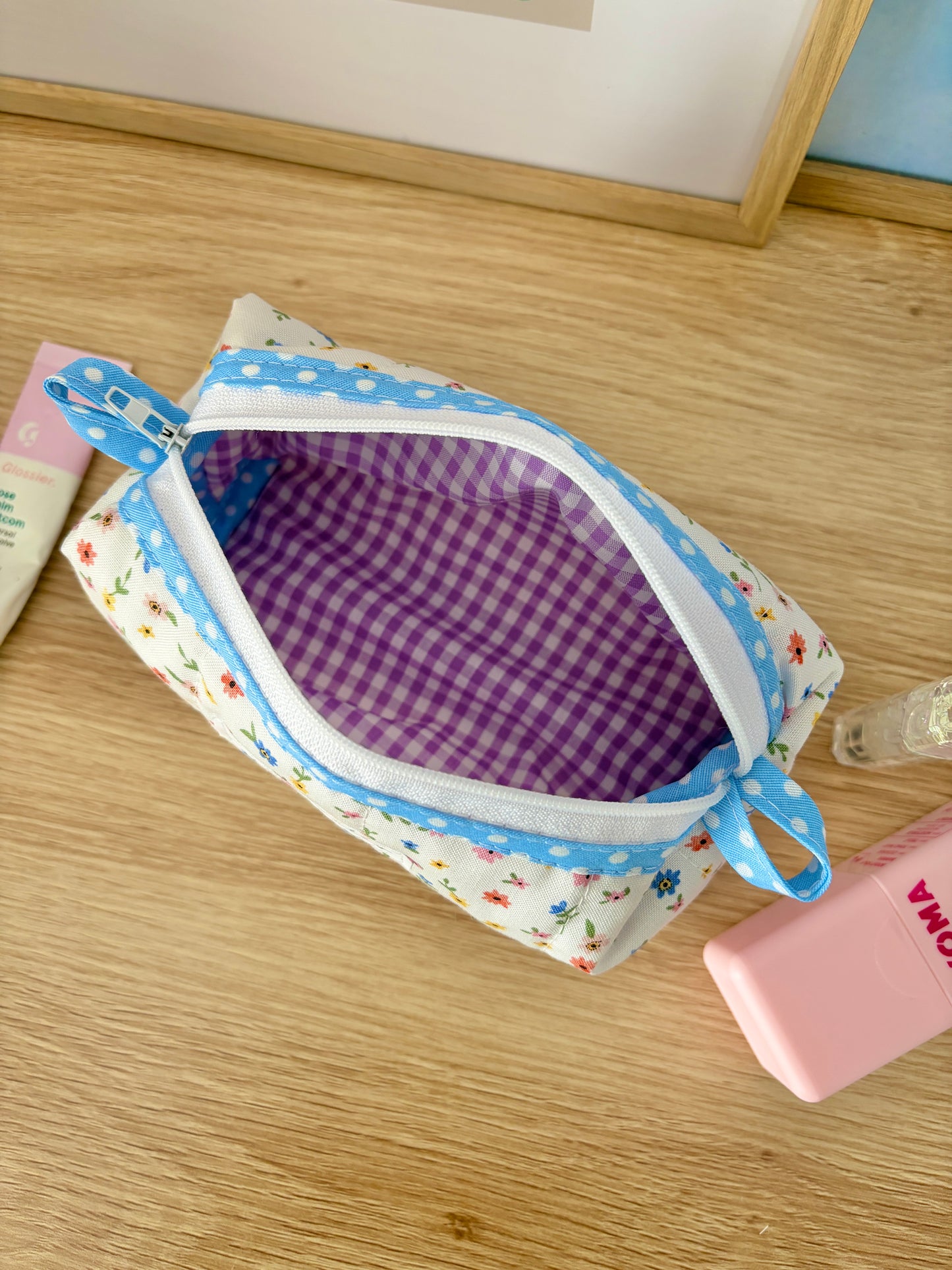 Mini Colorful Flowers Colorblock Bag - Blue/Purple Gingham