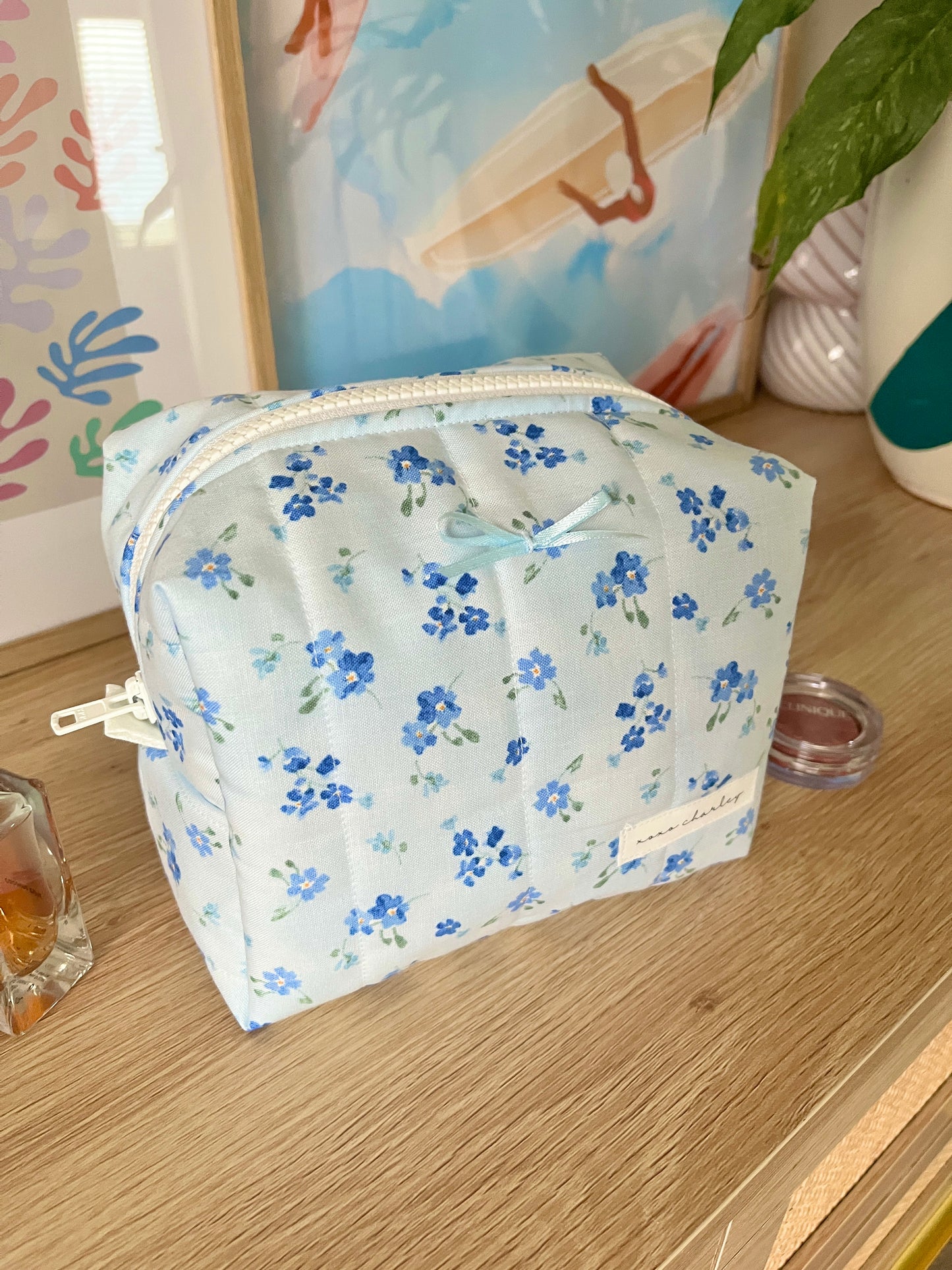The Evelyn Makeup Bag with blue bow