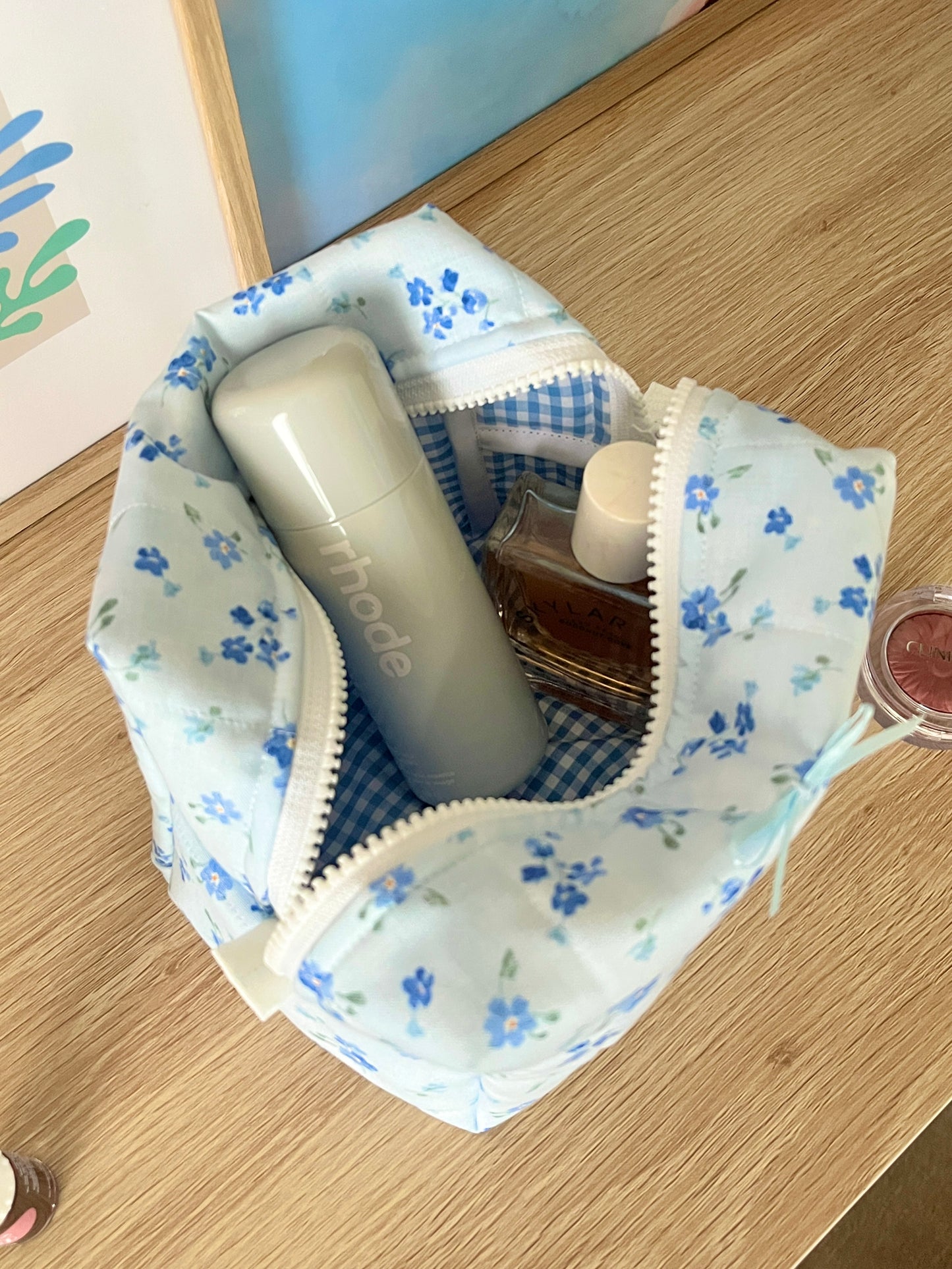 The Evelyn Makeup Bag with blue bow