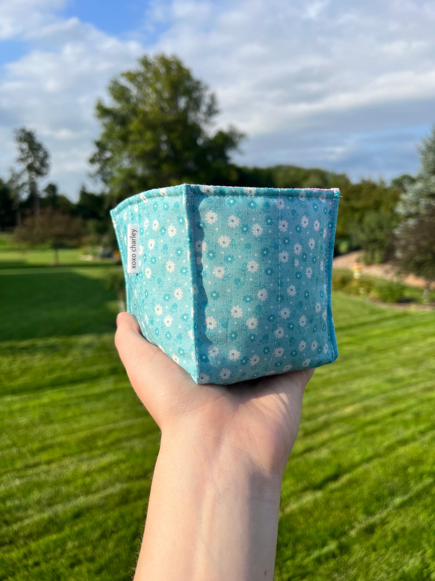 The Blue Floral with Pink Gingham Square Fabric Bowl Organizer *limited-edition*