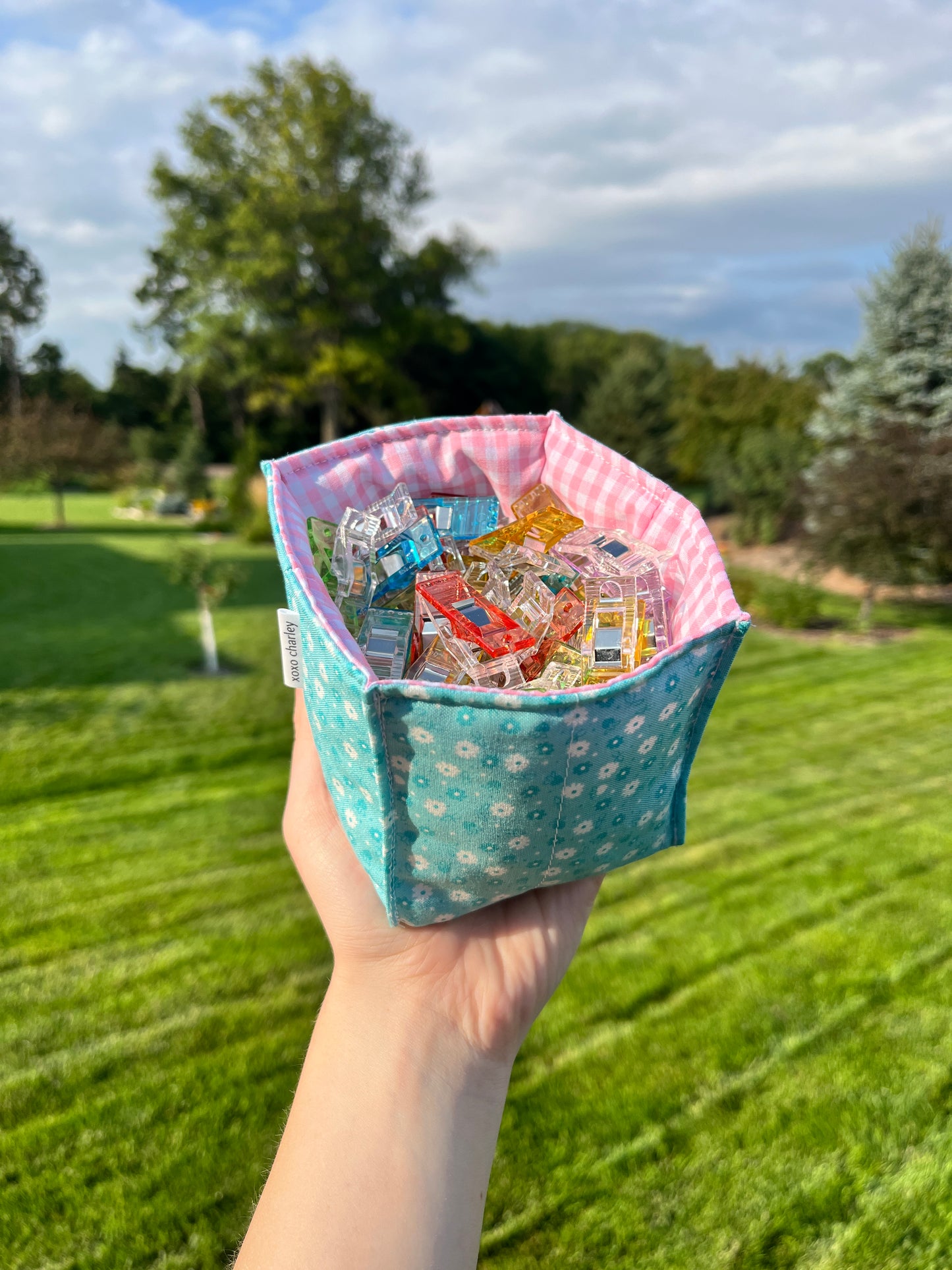 The Blue Floral with Pink Gingham Square Fabric Bowl Organizer *limited-edition*
