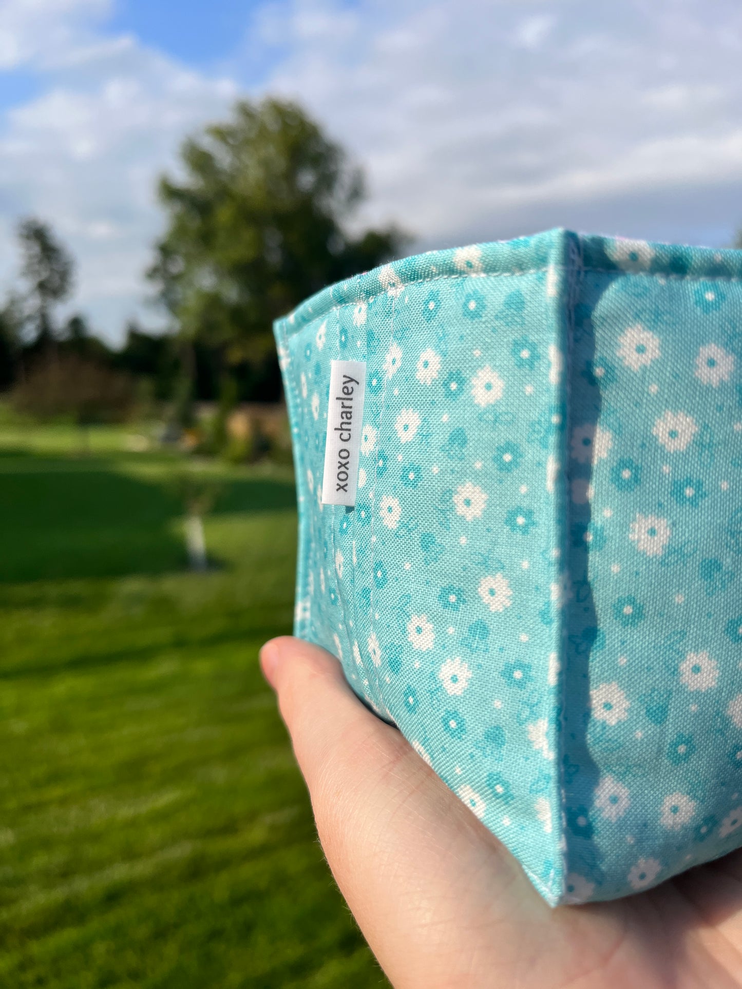 The Blue Floral with Pink Gingham Square Fabric Bowl Organizer *limited-edition*
