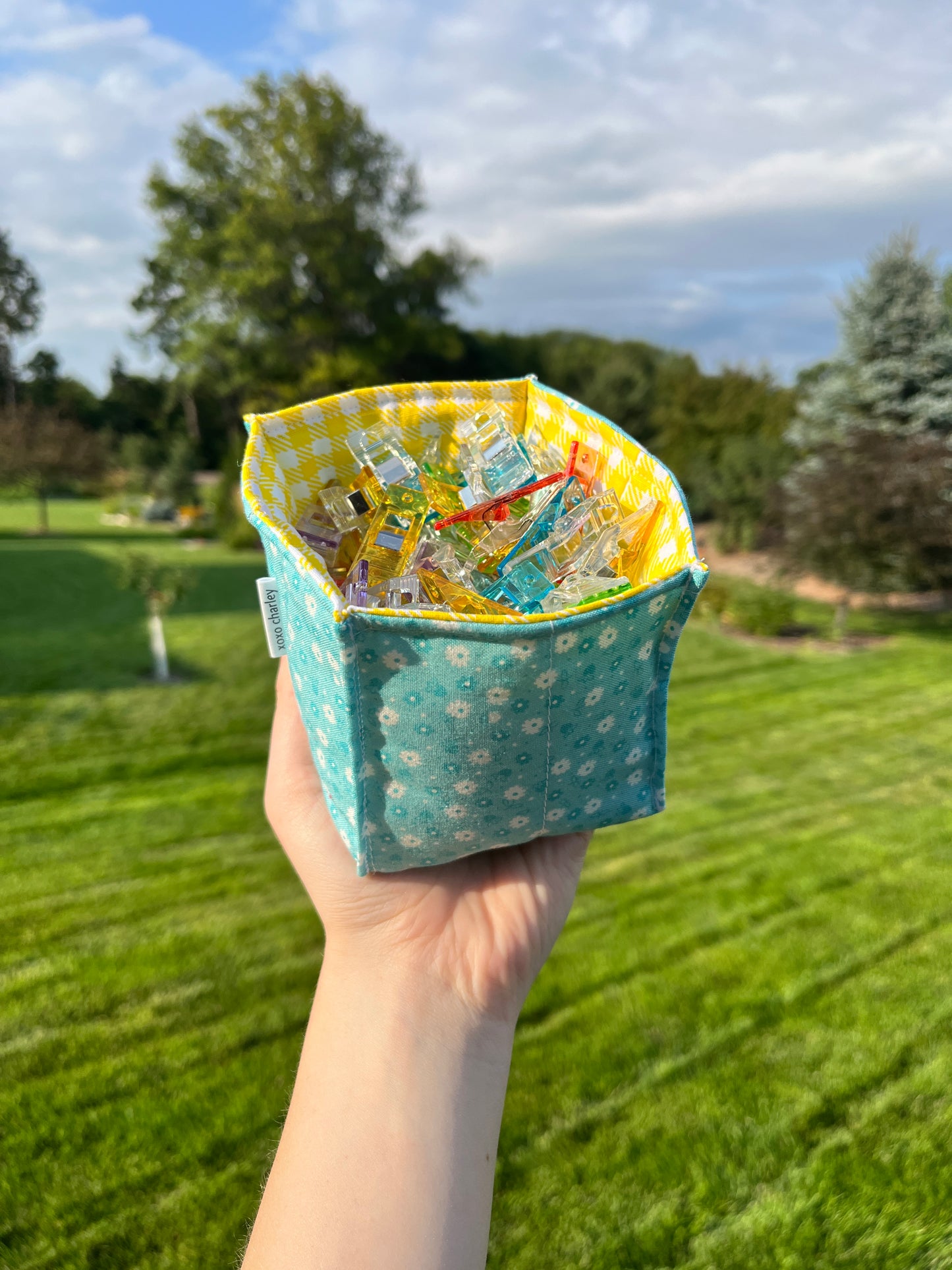 The Blue Floral with Yellow Gingham Square Fabric Bowl Organizer *limited-edition*.