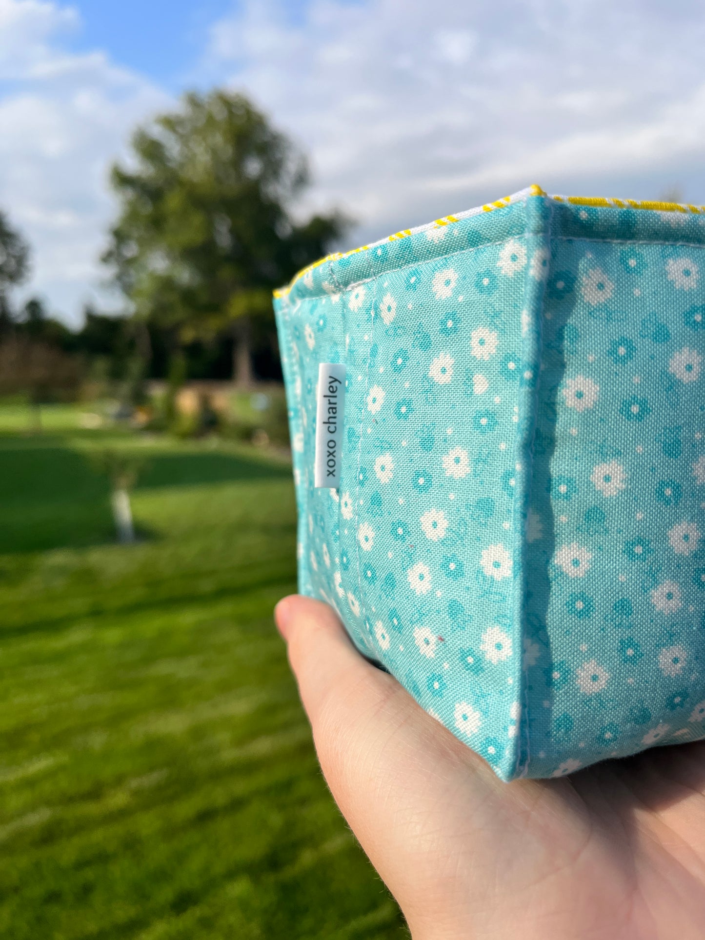 The Blue Floral with Yellow Gingham Square Fabric Bowl Organizer *limited-edition*.