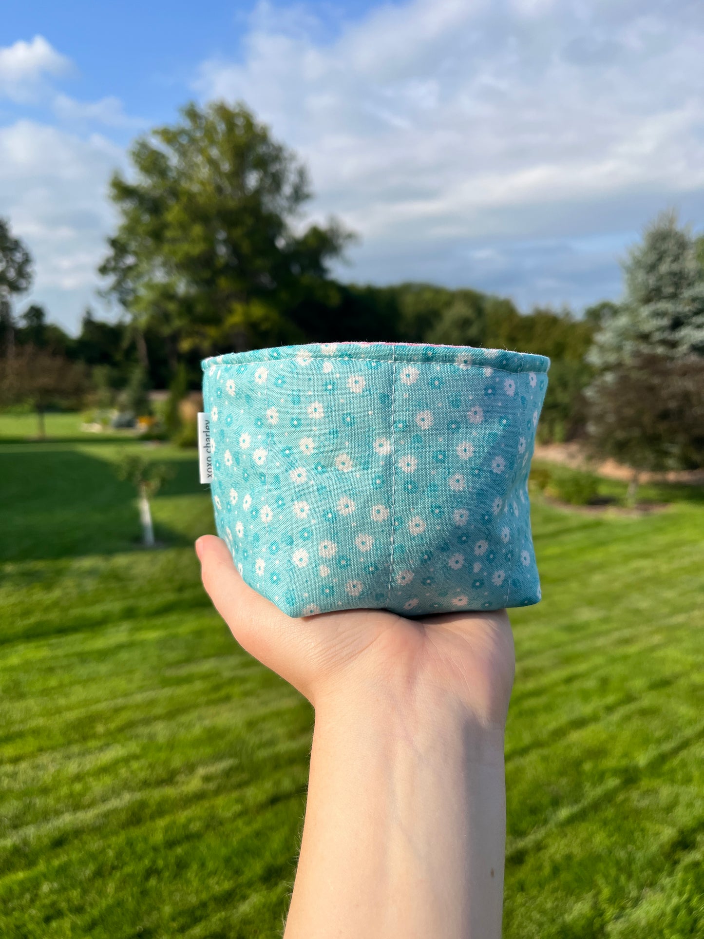 The Blue Floral with Pink Gingham Fabric Bowl Organizer *limited-edition*.
