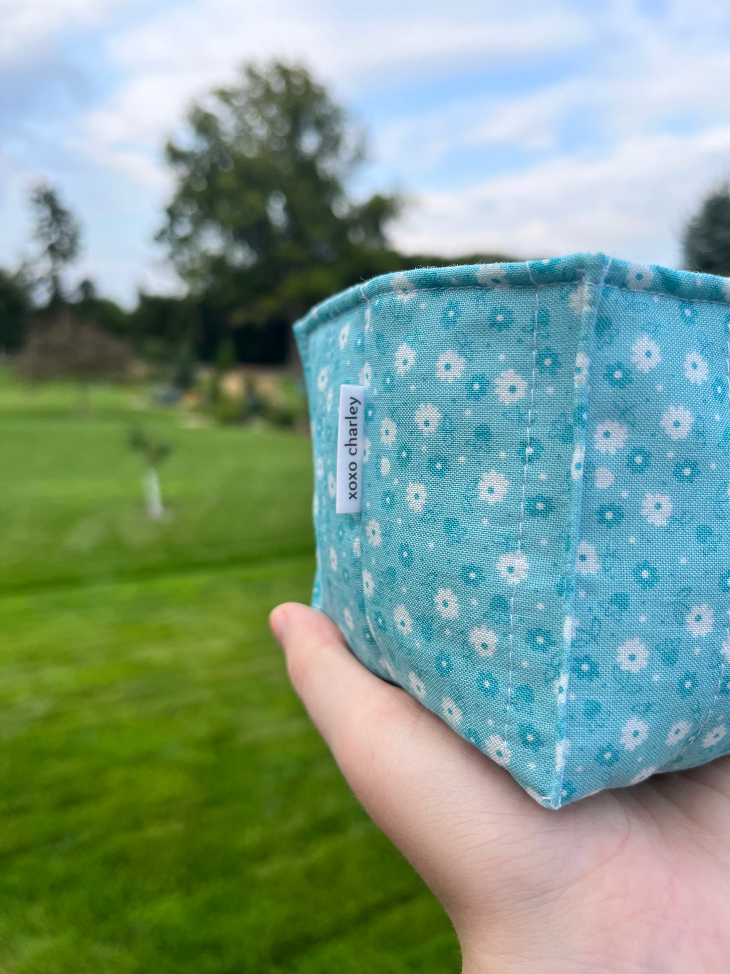 The Blue Floral with Gray Gingham Square Fabric Bowl Organizer *limited-edition*