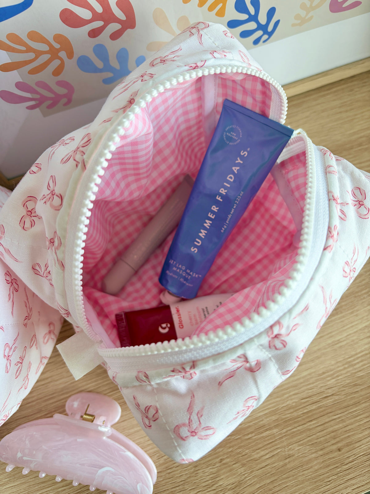 Mini Pink Bows Makeup Bag - Pink Gingham