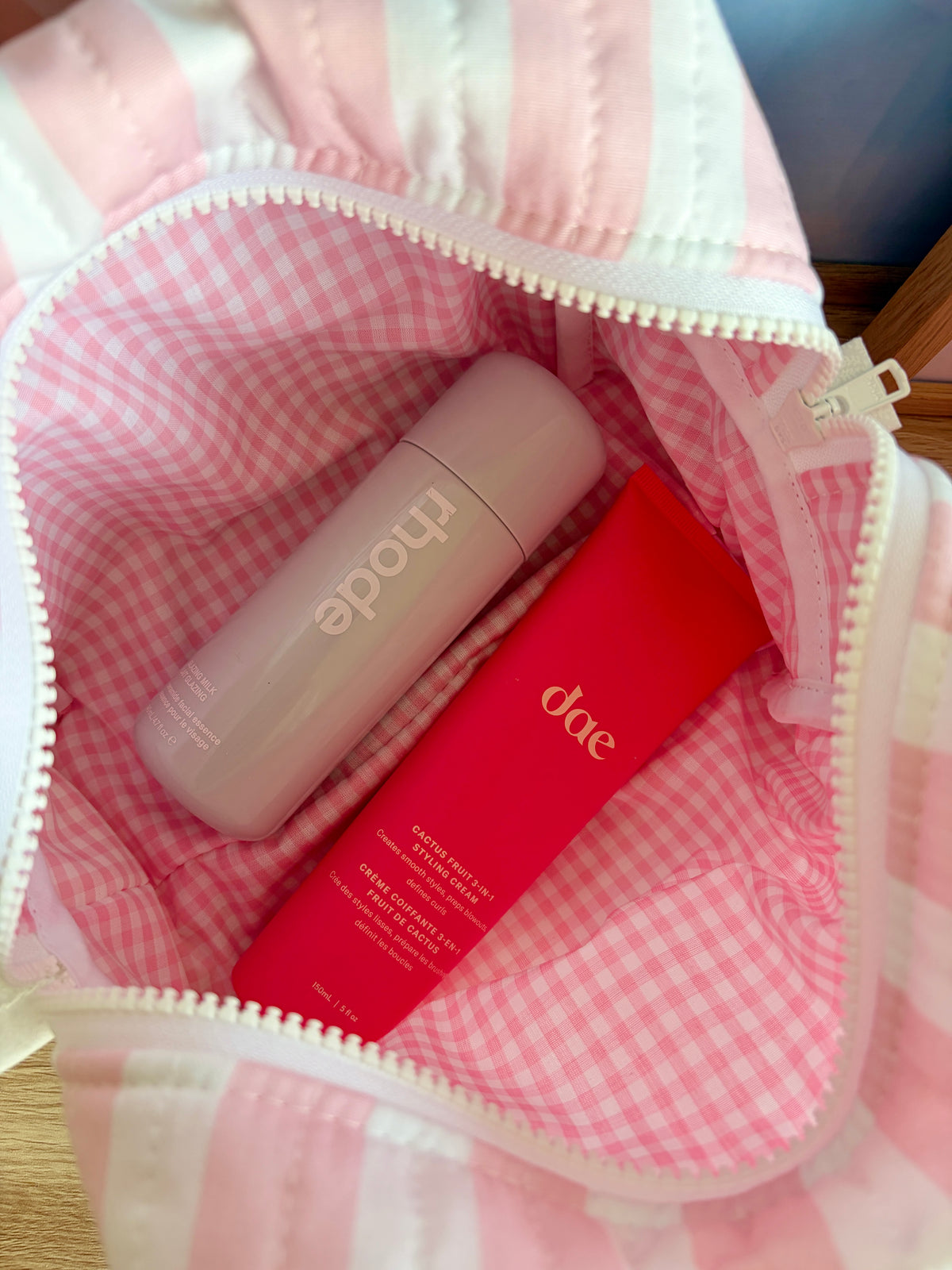 Pink & White Stripe Makeup Bag - Pink Gingham