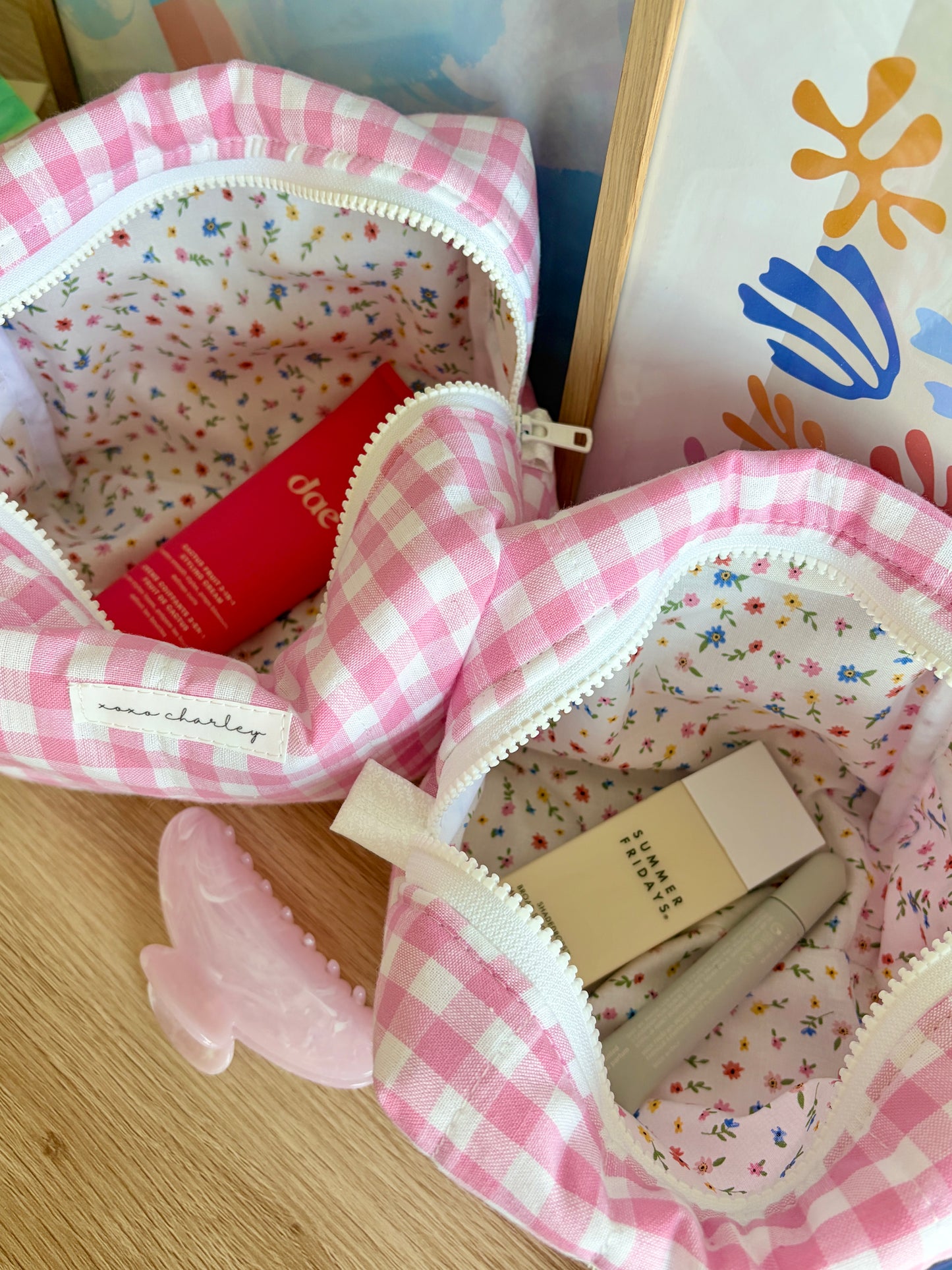 Pink Gingham Makeup Bag - Mini Colorful Flowers