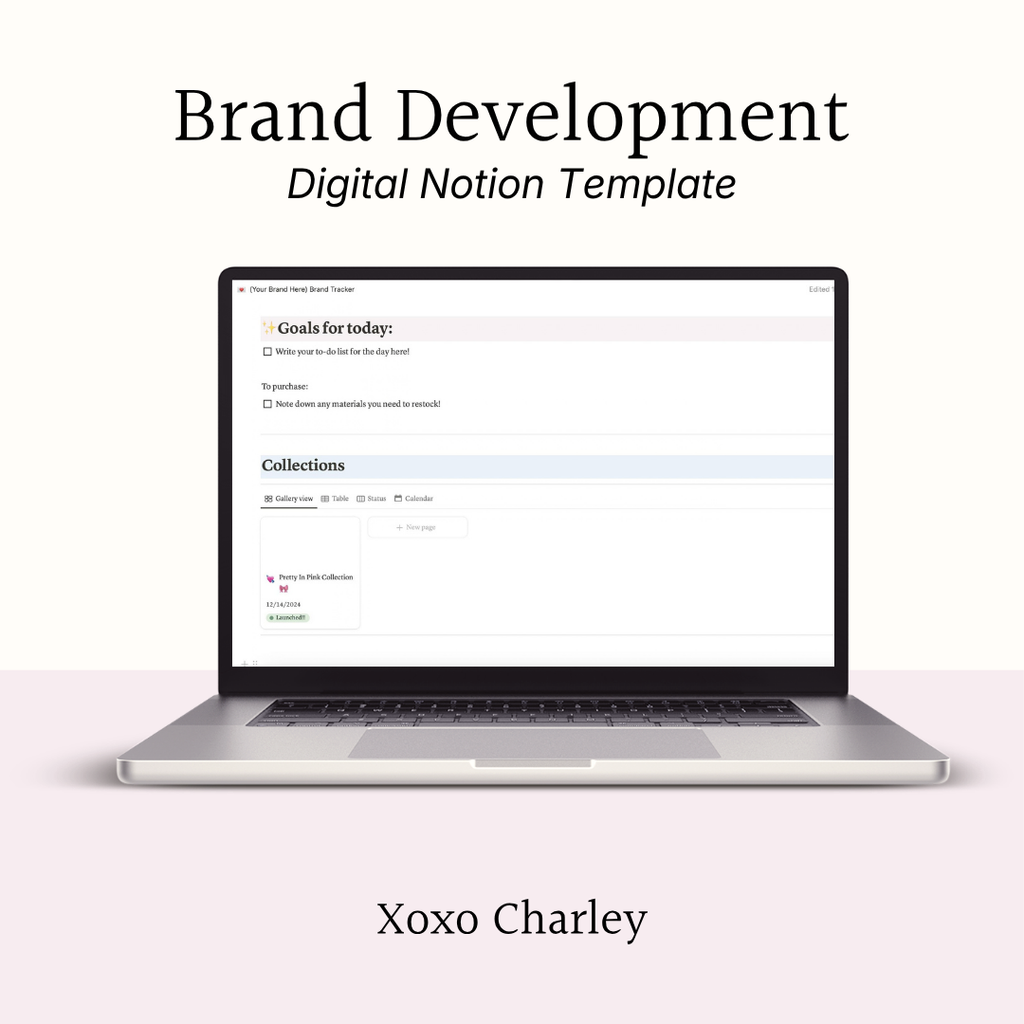 Brand Development Notion template with goals and collections sections on laptop screen