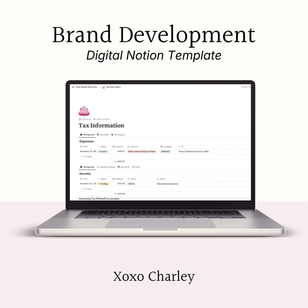 Brand Development Notion template showing tax information and income/expenses tables