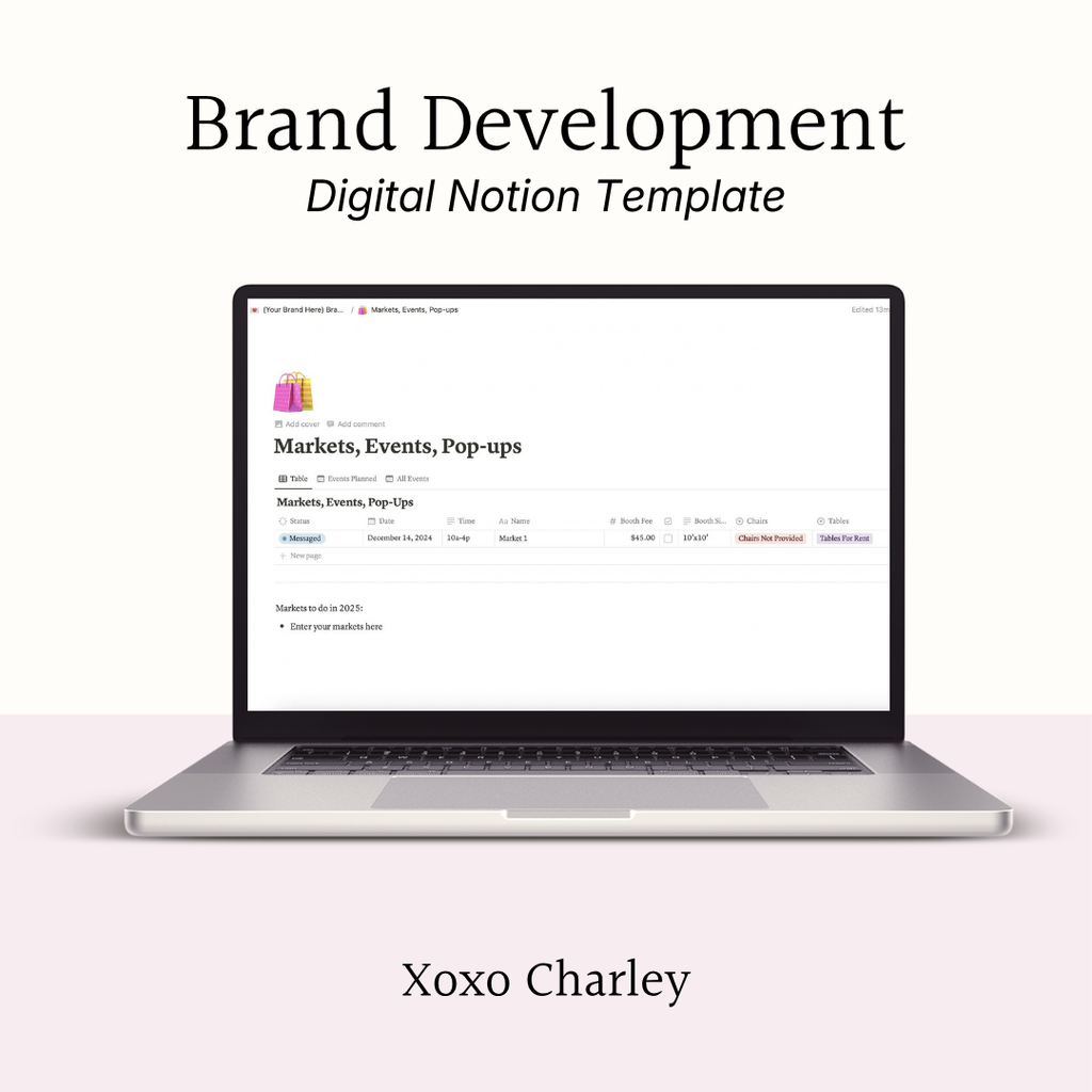 Brand Development Notion template with markets, events, and pop-ups section on laptop