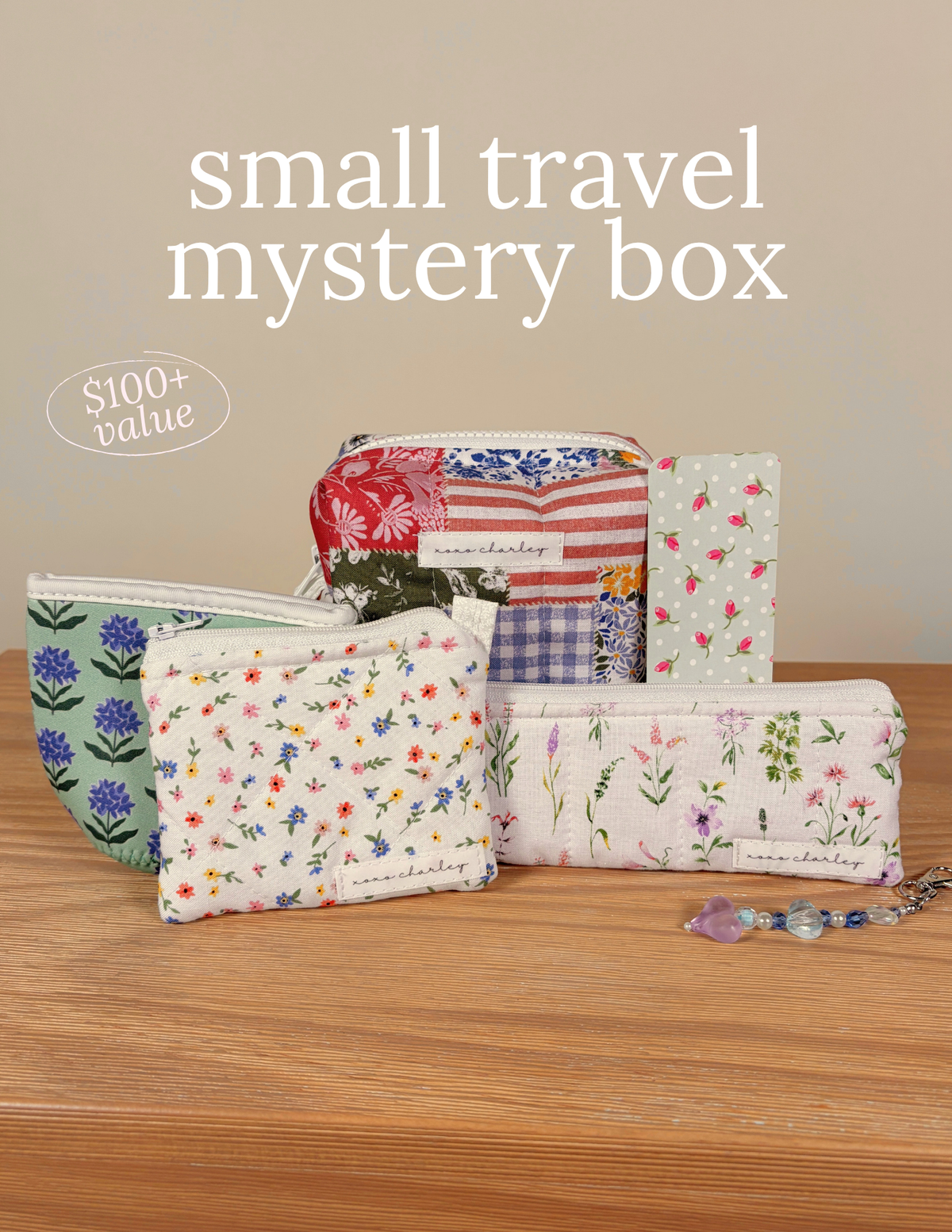 Small travel mystery box: set of patterned zip pouch organizers, multicolor floral and plaid.