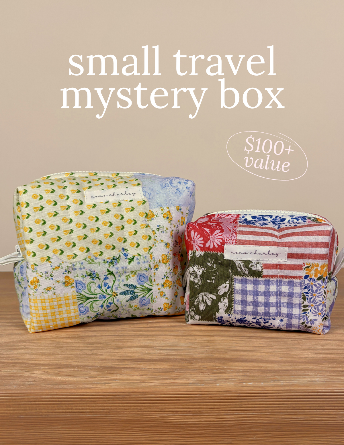 Small travel mystery box: two patchwork zip pouches, patriotic and yellow green motifs.