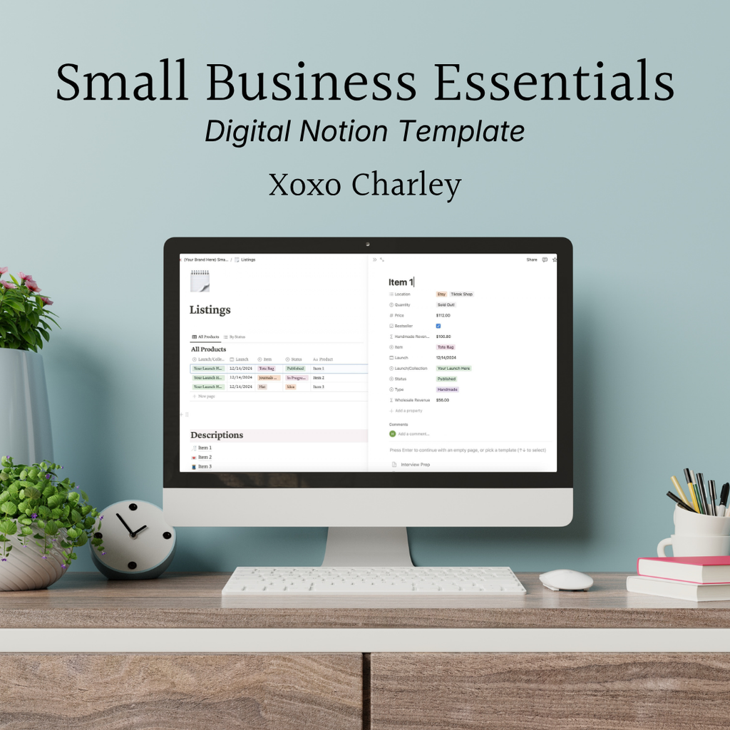 Small business essentials Notion template listings and descriptions page