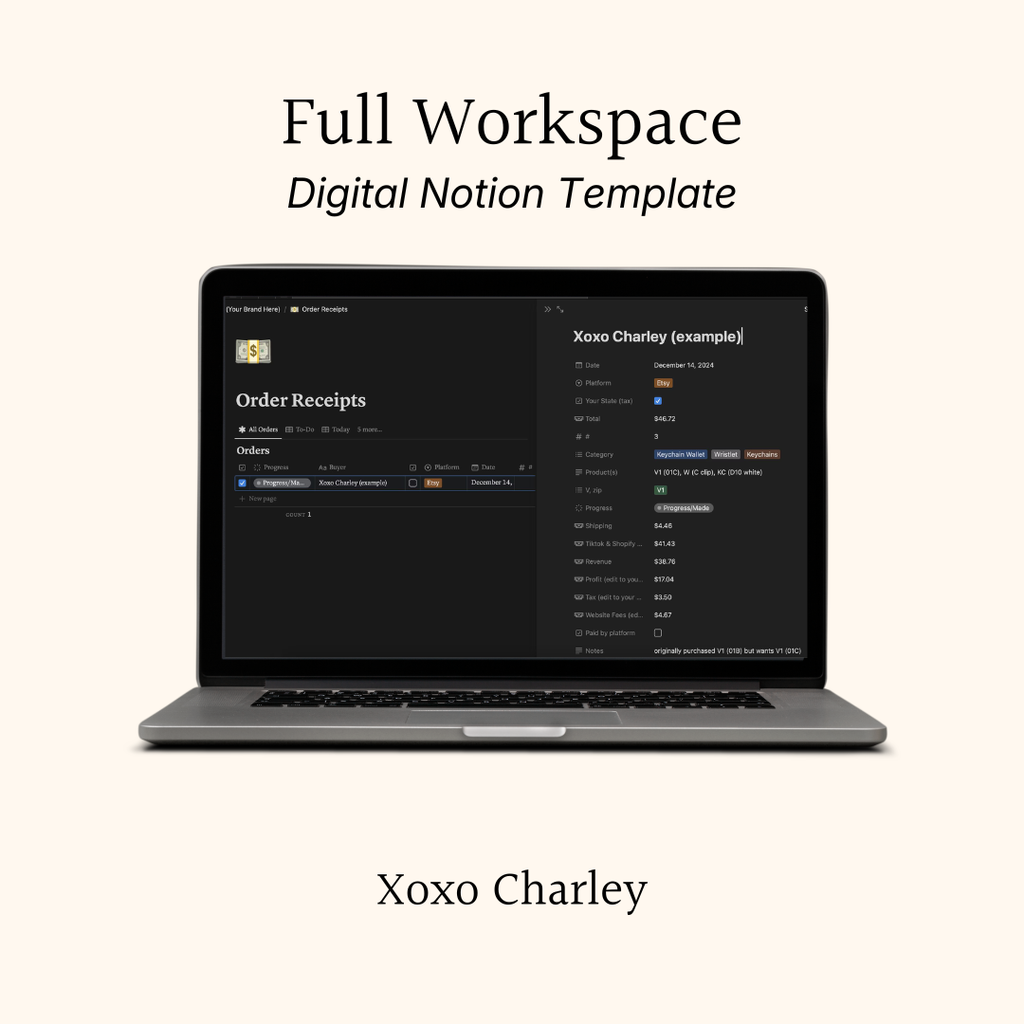 Full Workspace digital Notion template preview showing Order Receipts on laptop screen