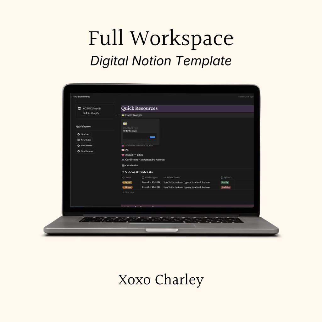 Full Workspace digital Notion template preview with Quick Resources on laptop screen