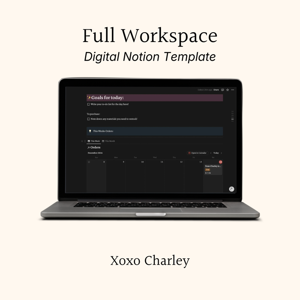 Full Workspace digital Notion template preview with goals and orders chart on laptop screen