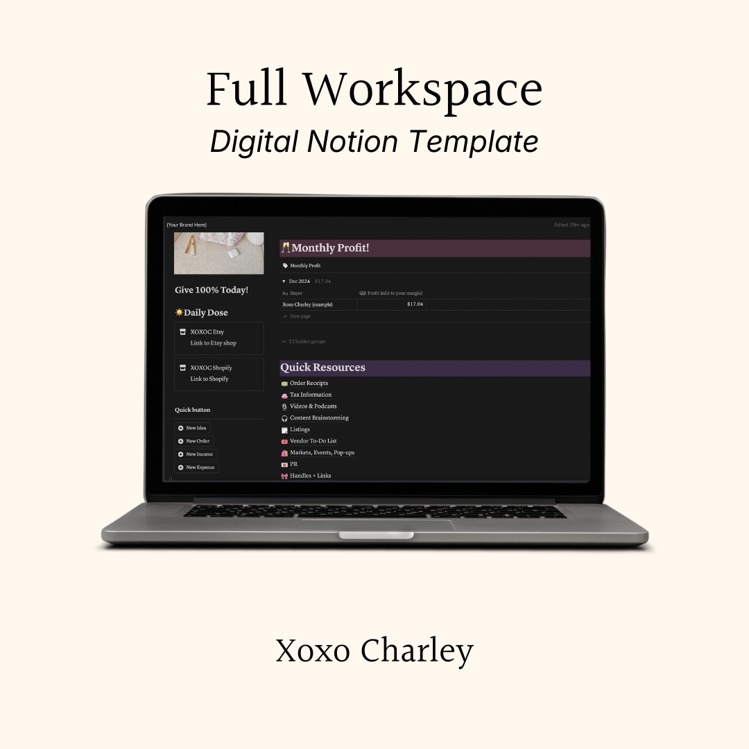 Full Workspace digital Notion template preview with Monthly Profit and menu on laptop screen