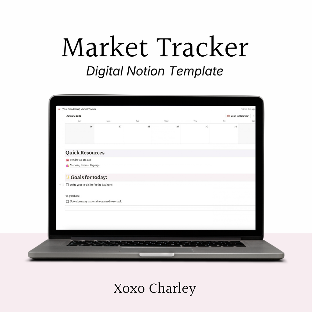 Market tracker Notion digital template on laptop screen, dashboard view