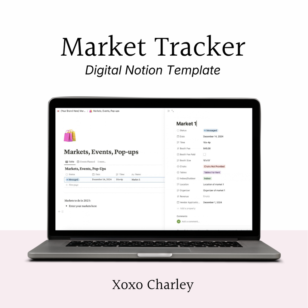 Market tracker Notion digital template on laptop screen with markets and events