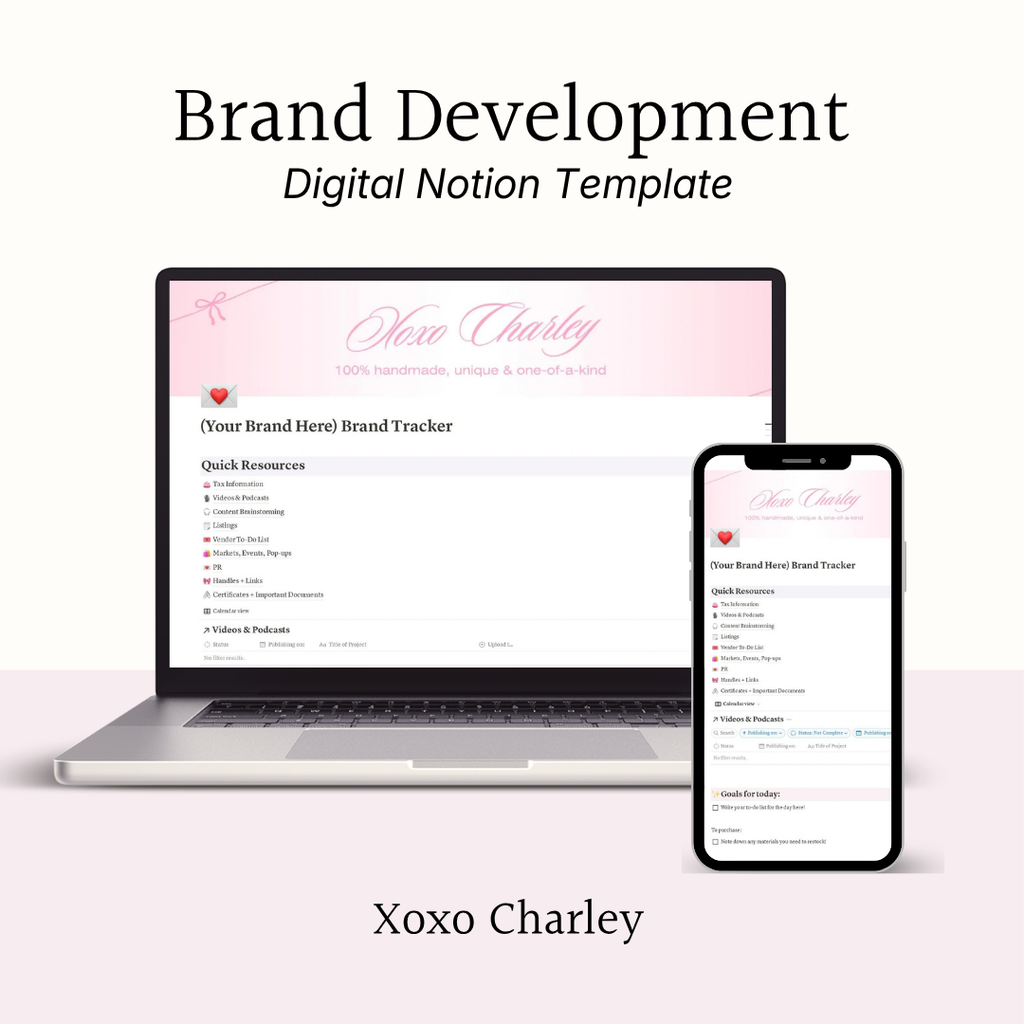 Brand Development Notion template with brand tracker layout on laptop and smartphone