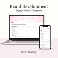 Brand Development Notion template with brand tracker layout on laptop and smartphone