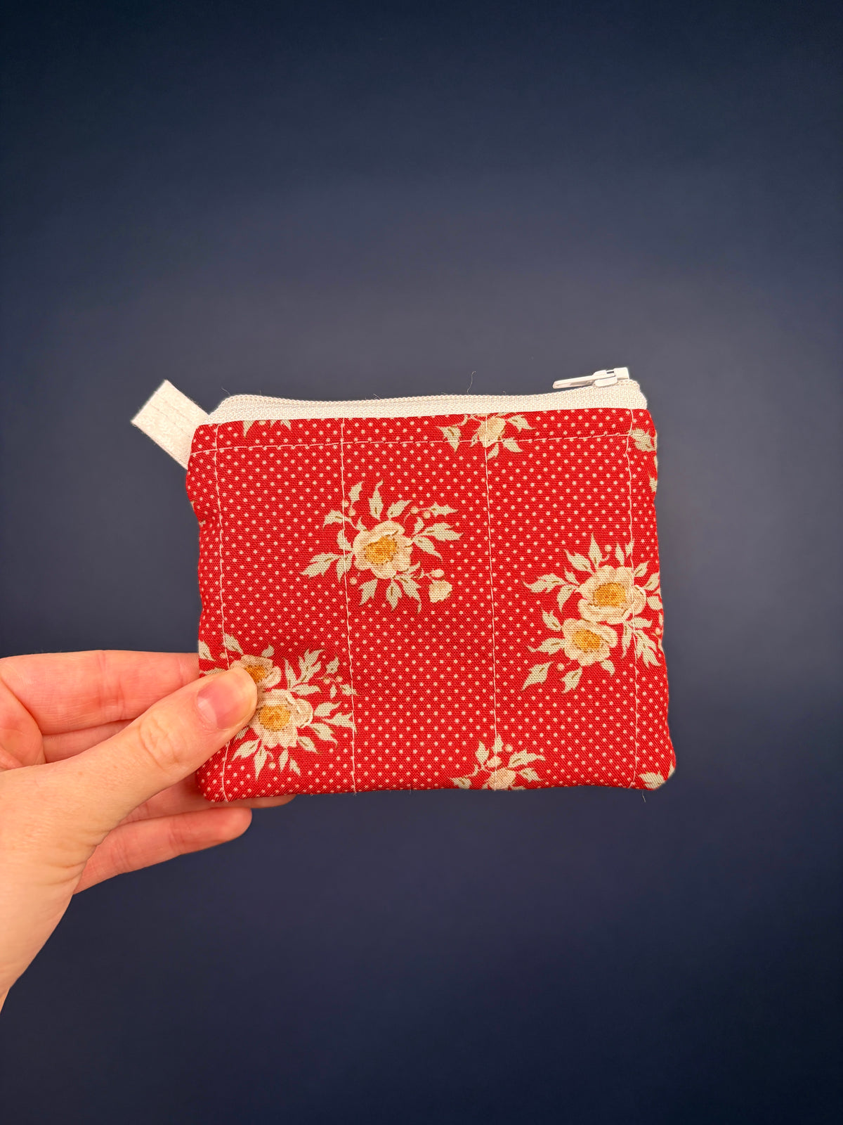 Red floral ribbon keychain zip wallet pouch, beige zipper and ribbon loop