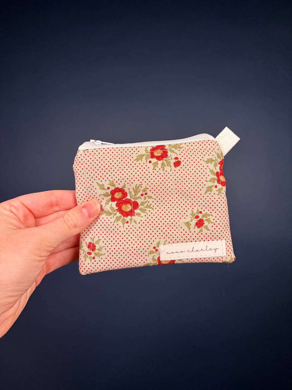 Pink floral dotted keychain wallet with zip and small metal clasp