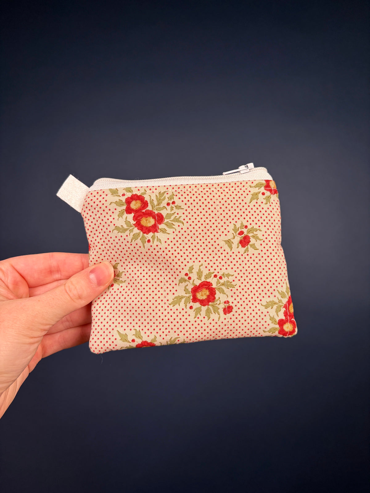 Small zip keychain wallet, pink with red flowers and dotted pattern