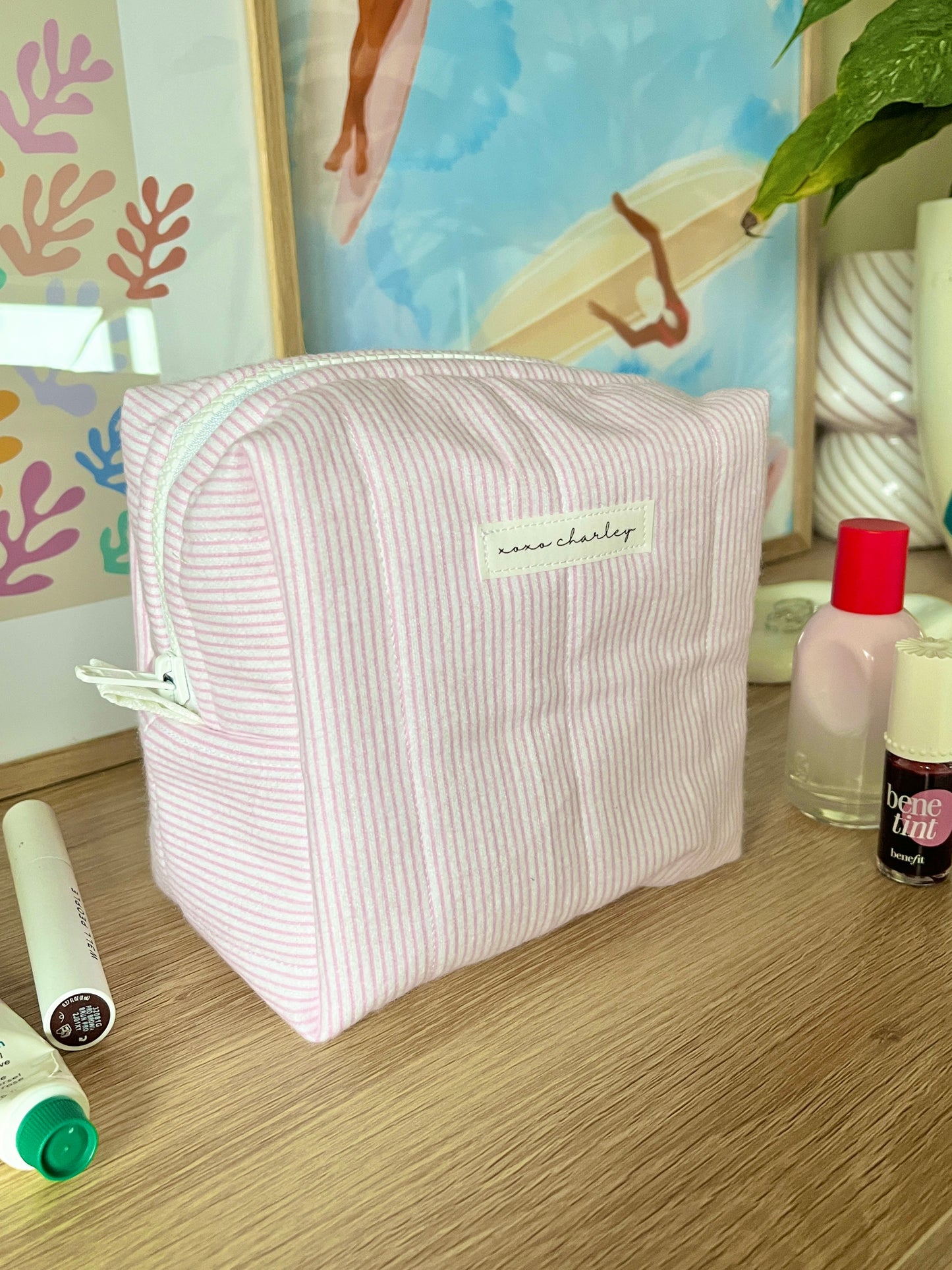 The Tiny Pink and White Lines Makeup Bag