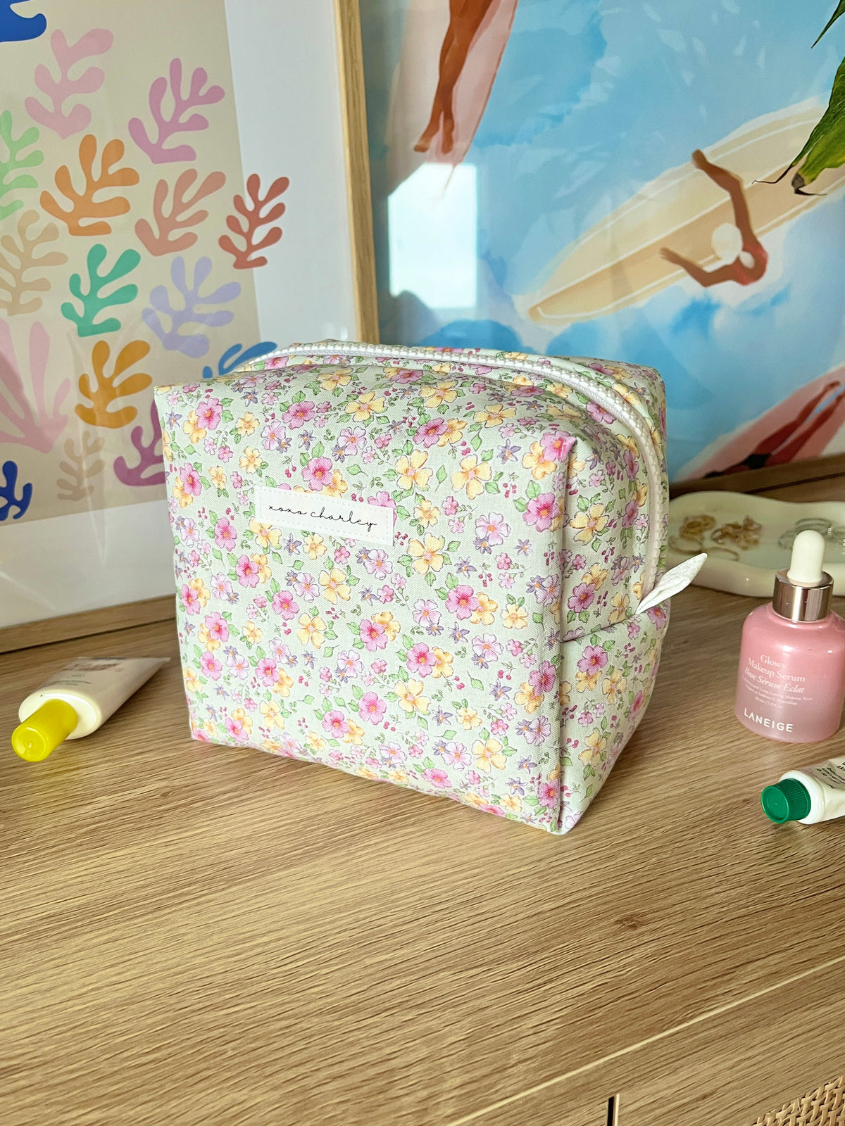 Primrose medium makeup bag with floral front panel and top zipper opening