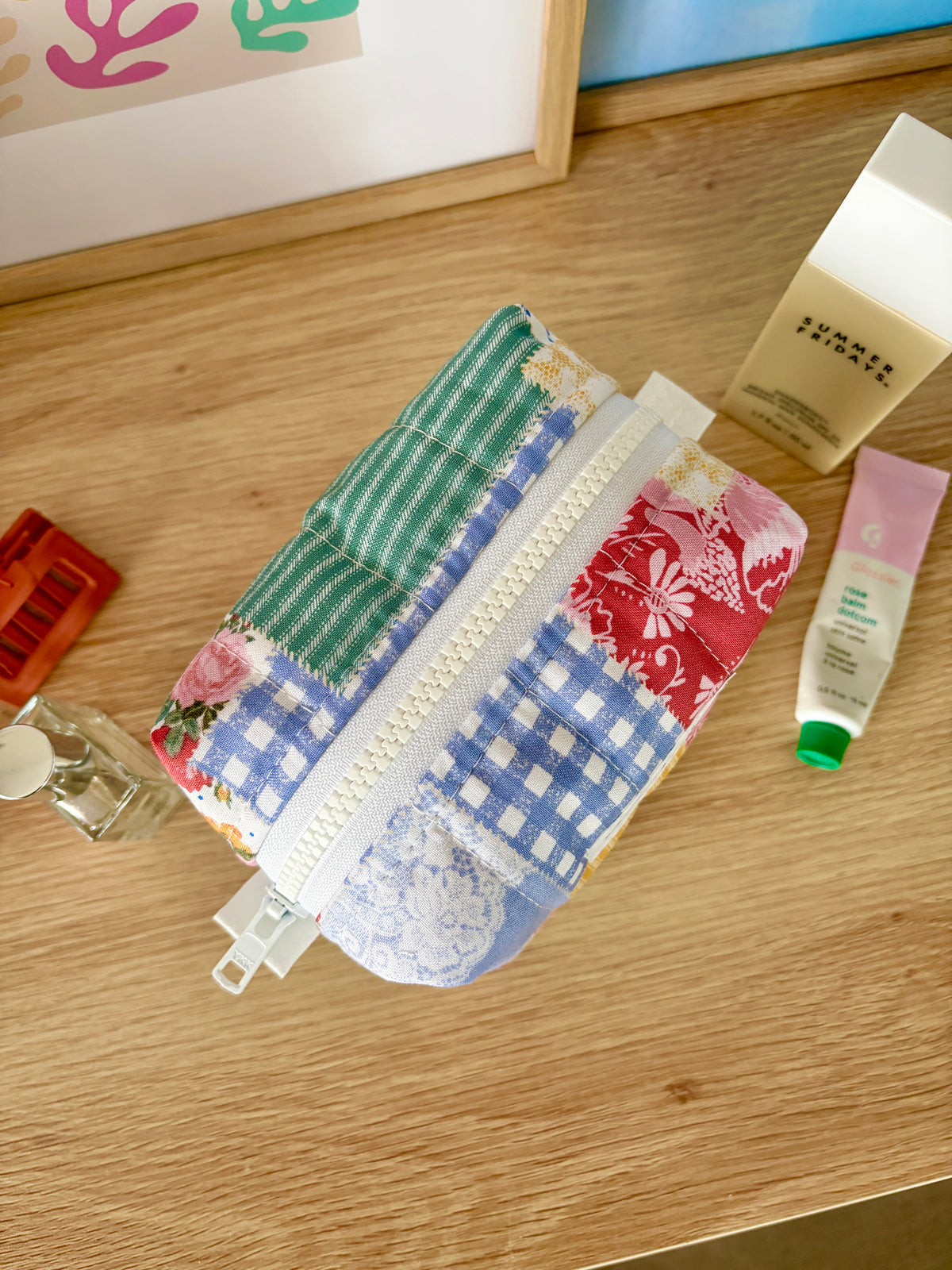 Zippered patchwork mini makeup bag, open end, green striped and blue check panels