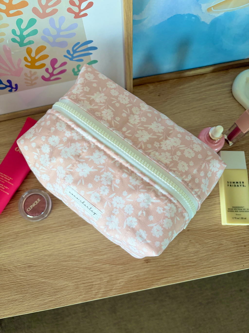 Pastel pink floral makeup bag with mint zipper, soft rectangular pouch