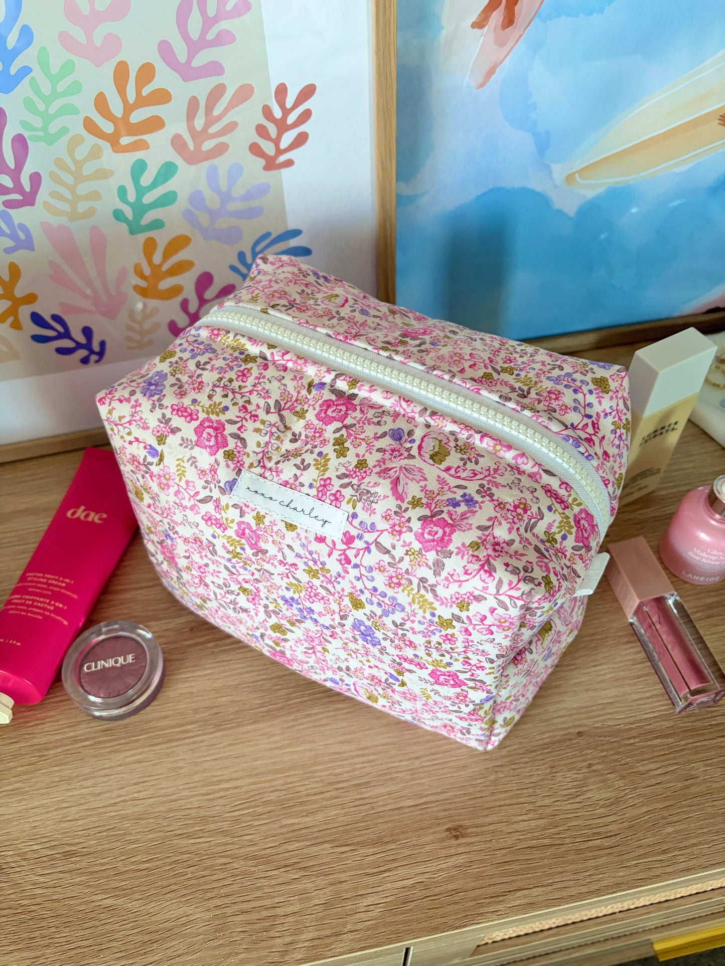 Ditsy Picnic Pink Large Makeup Bag